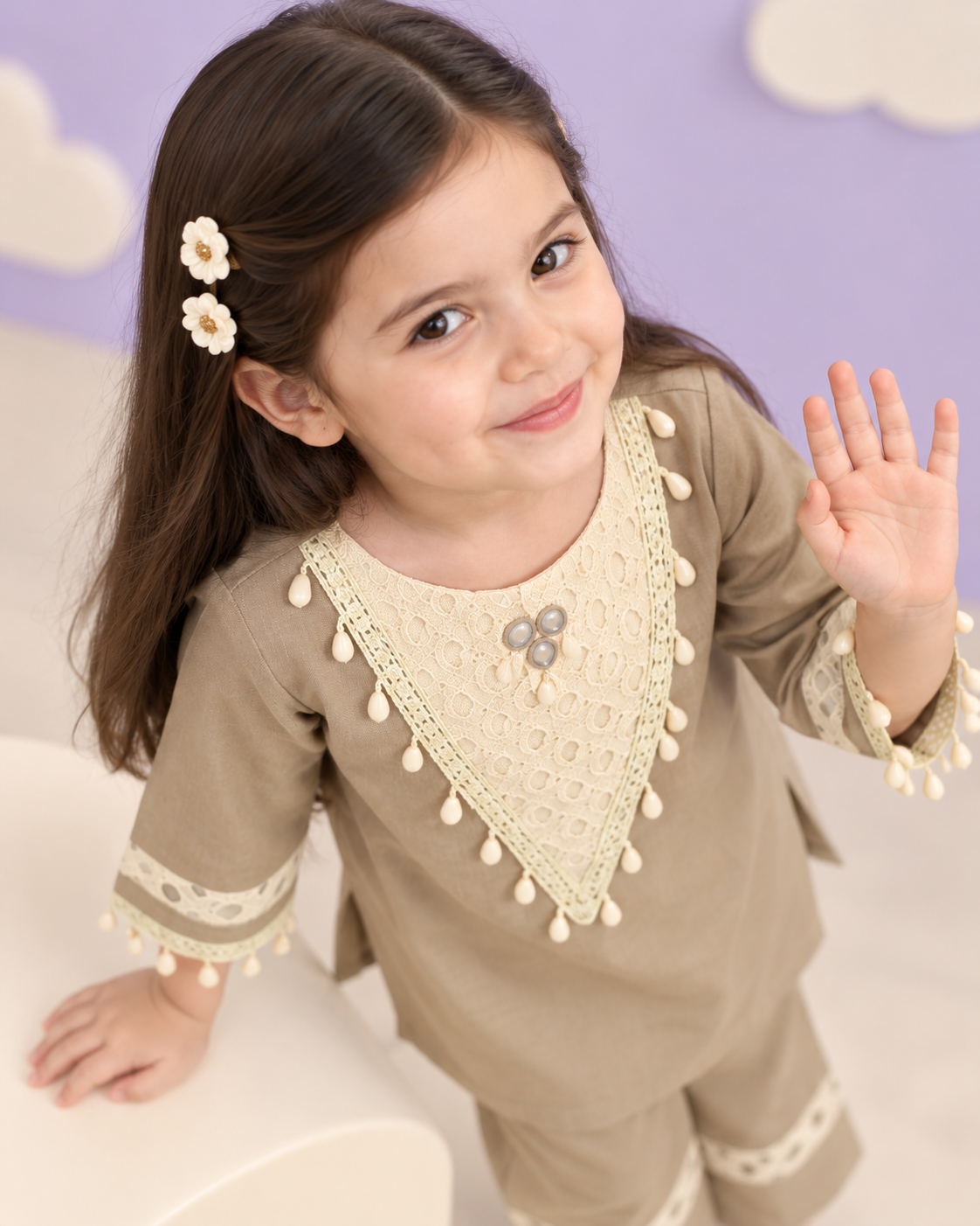 Girls Beige Embroidered Kurta Palazzo Set with Lace Detailing and Tassel Accents