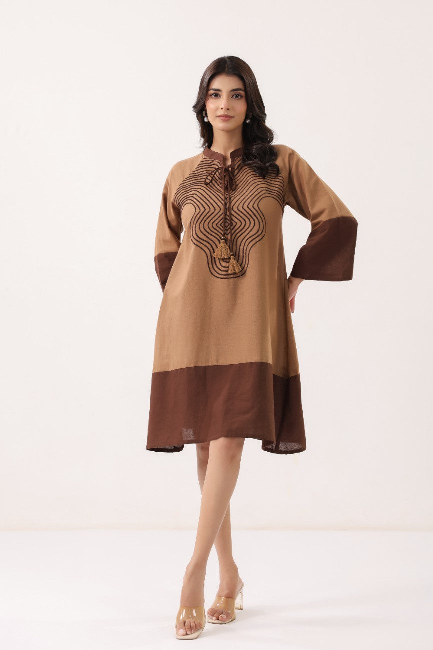 Women’s Brown Abstract Printed A-Line Dress with Contrast Sleeves & Hem
