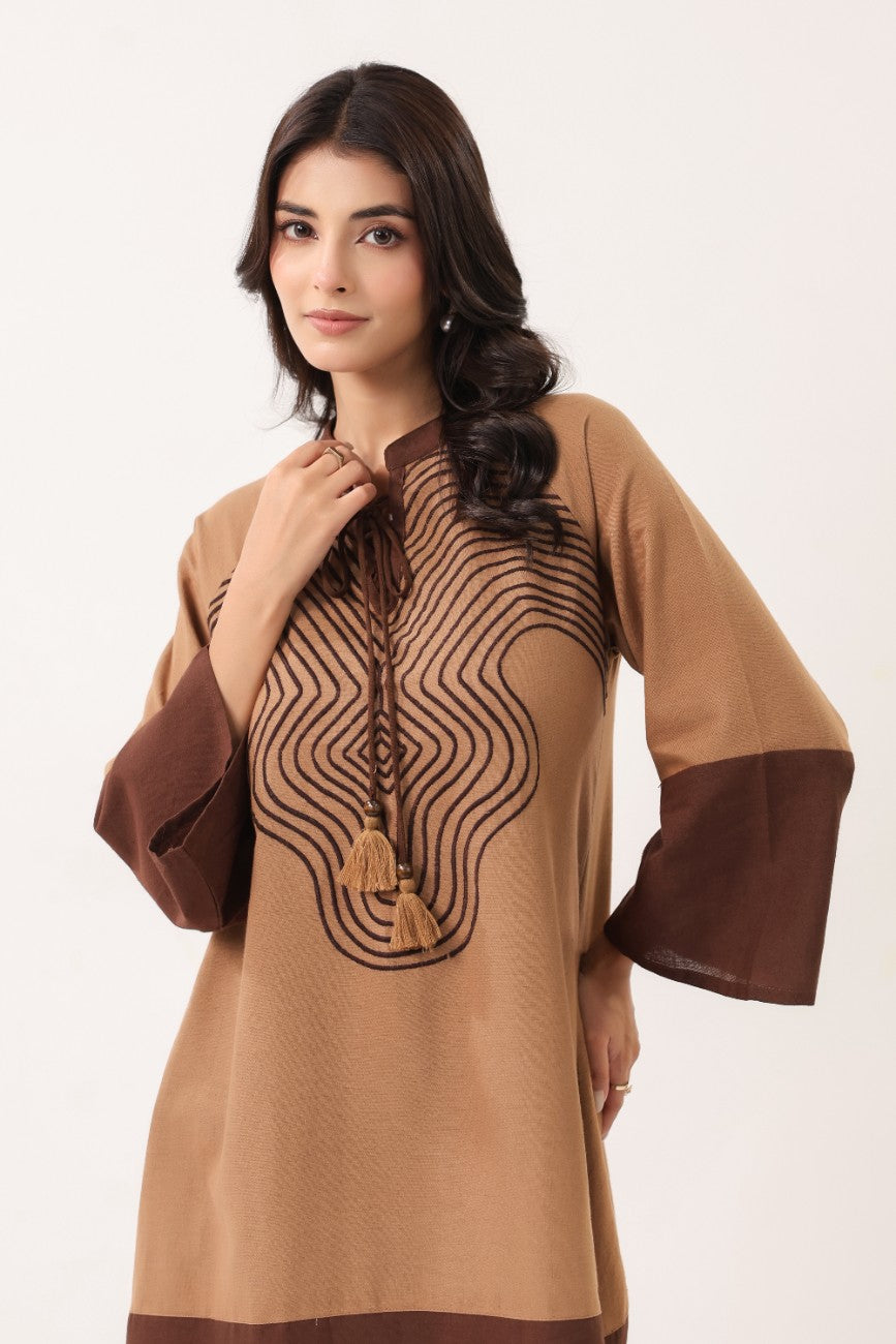 Women’s Brown Abstract Printed A-Line Dress with Contrast Sleeves & Hem