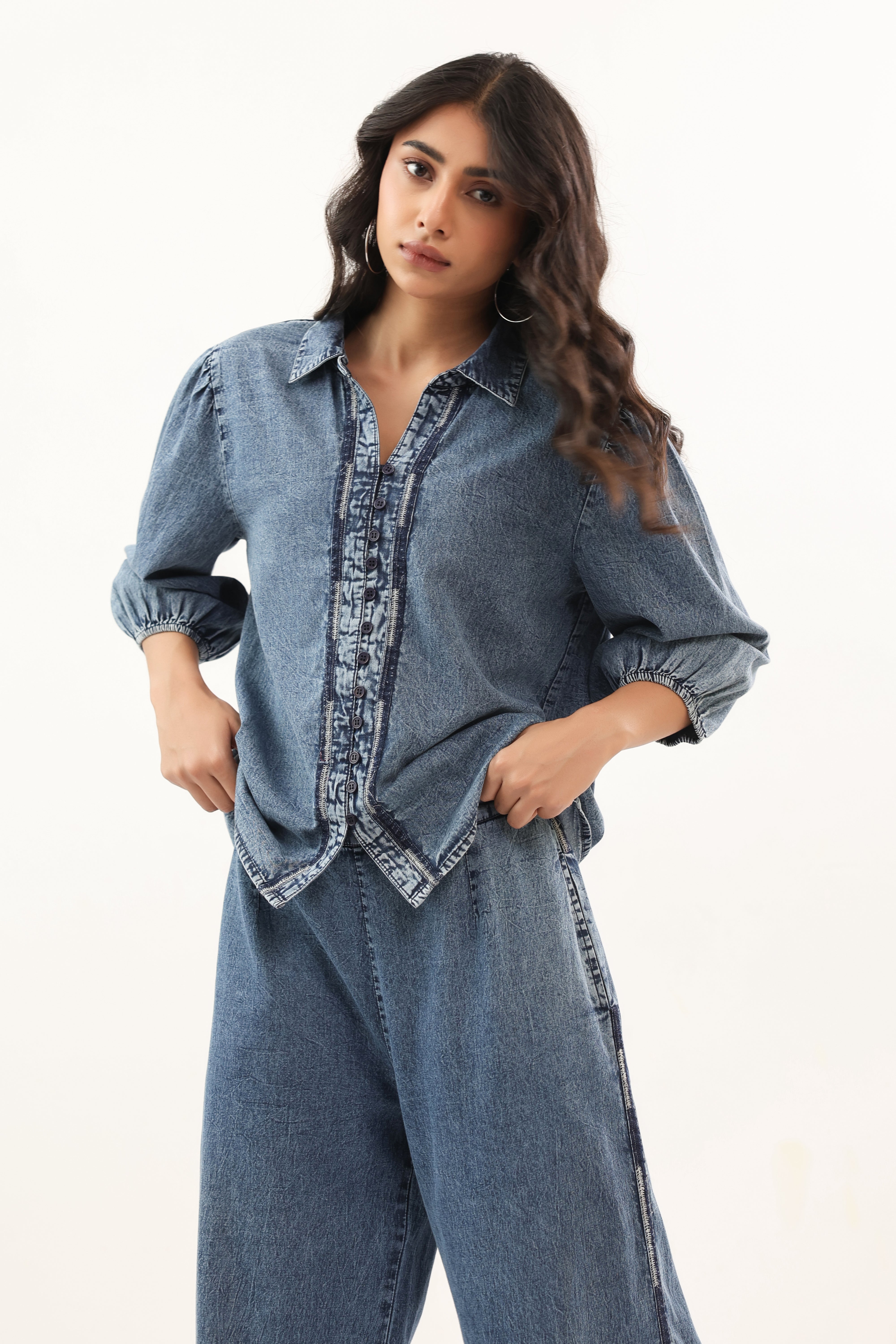Indigo Washed Button-Down Casual Denim Co-ord set