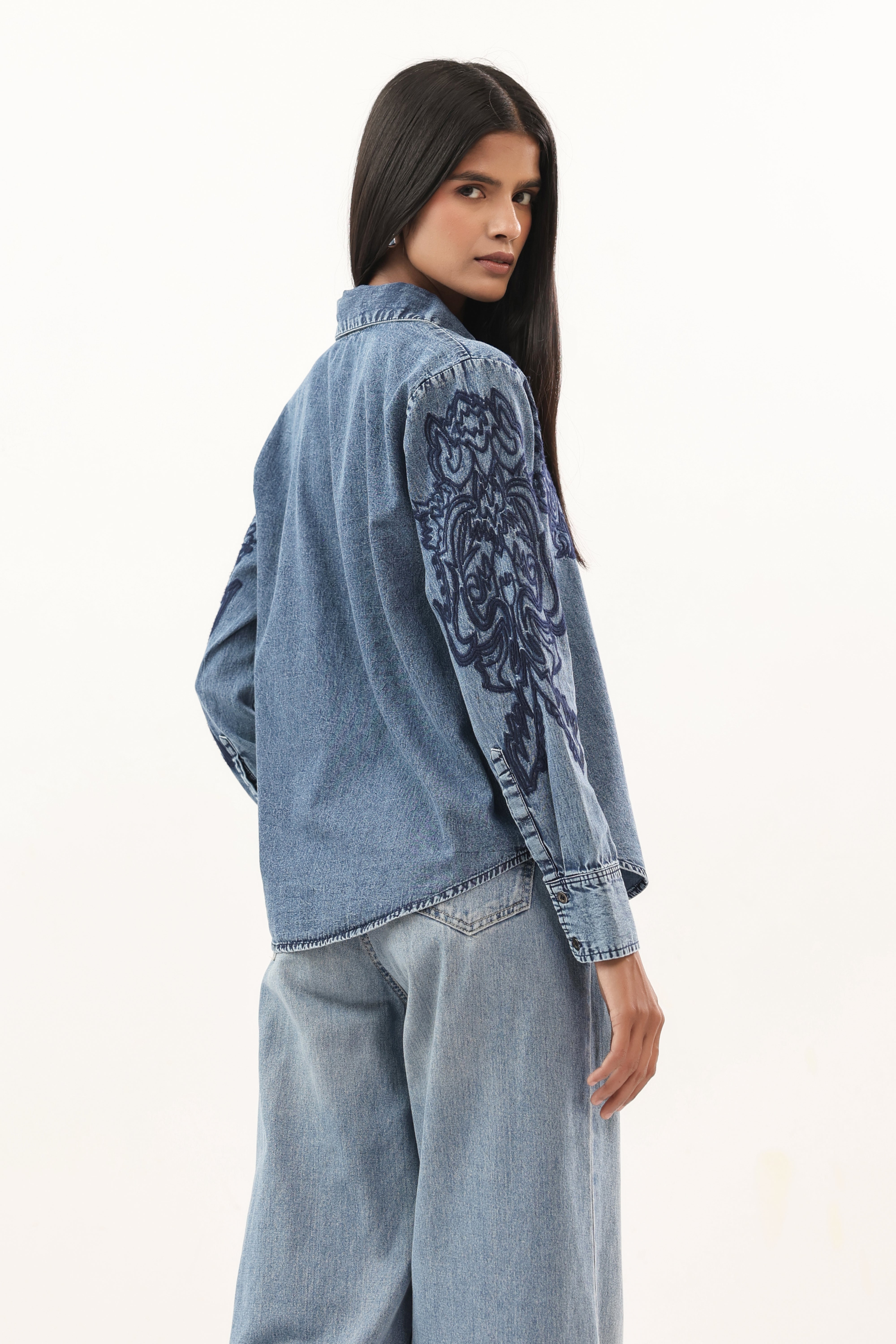 Artisanal Indigo Floral Embroidered Collared Denim Shirt