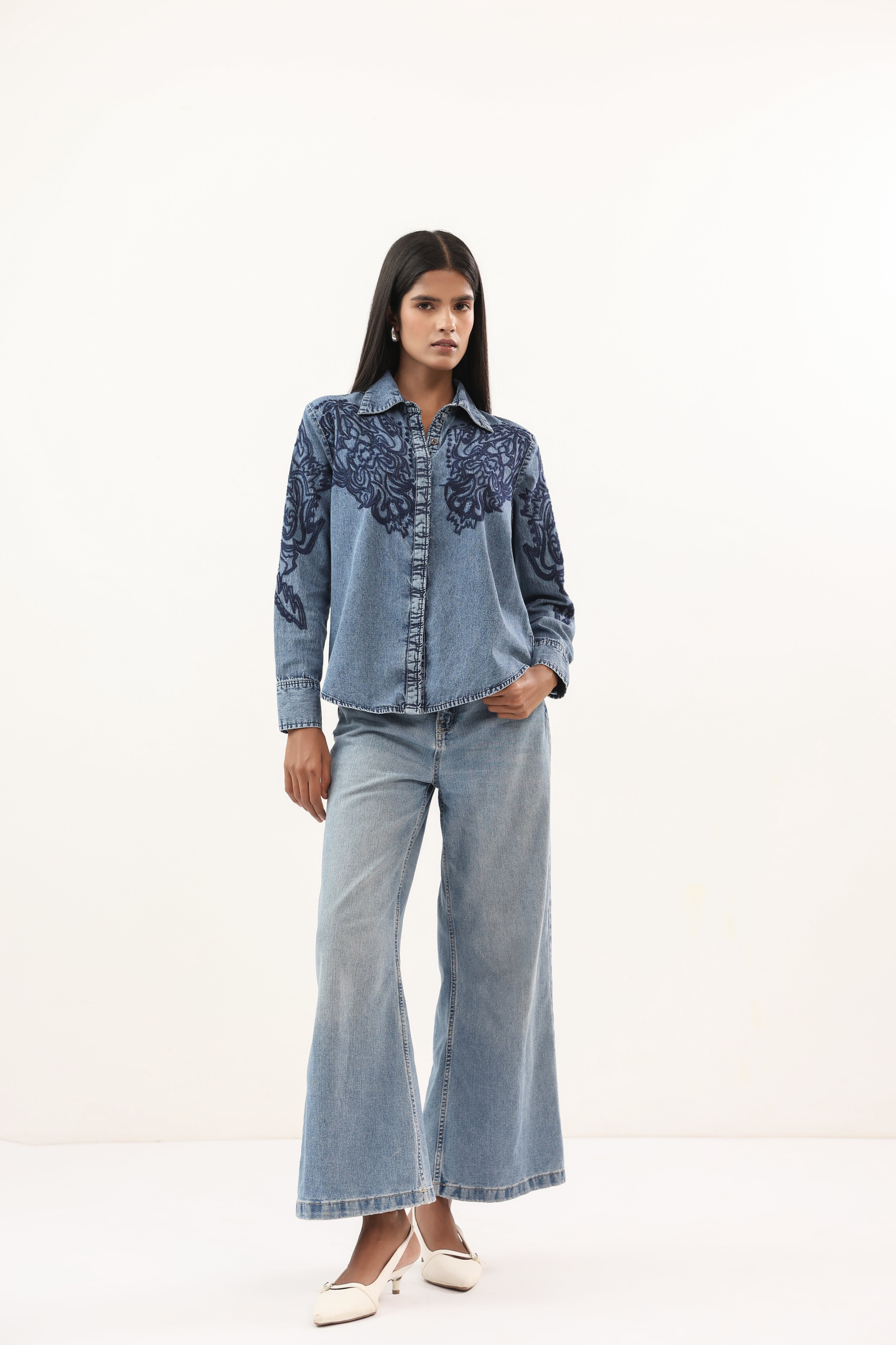 Artisanal Indigo Floral Embroidered Collared Denim Shirt