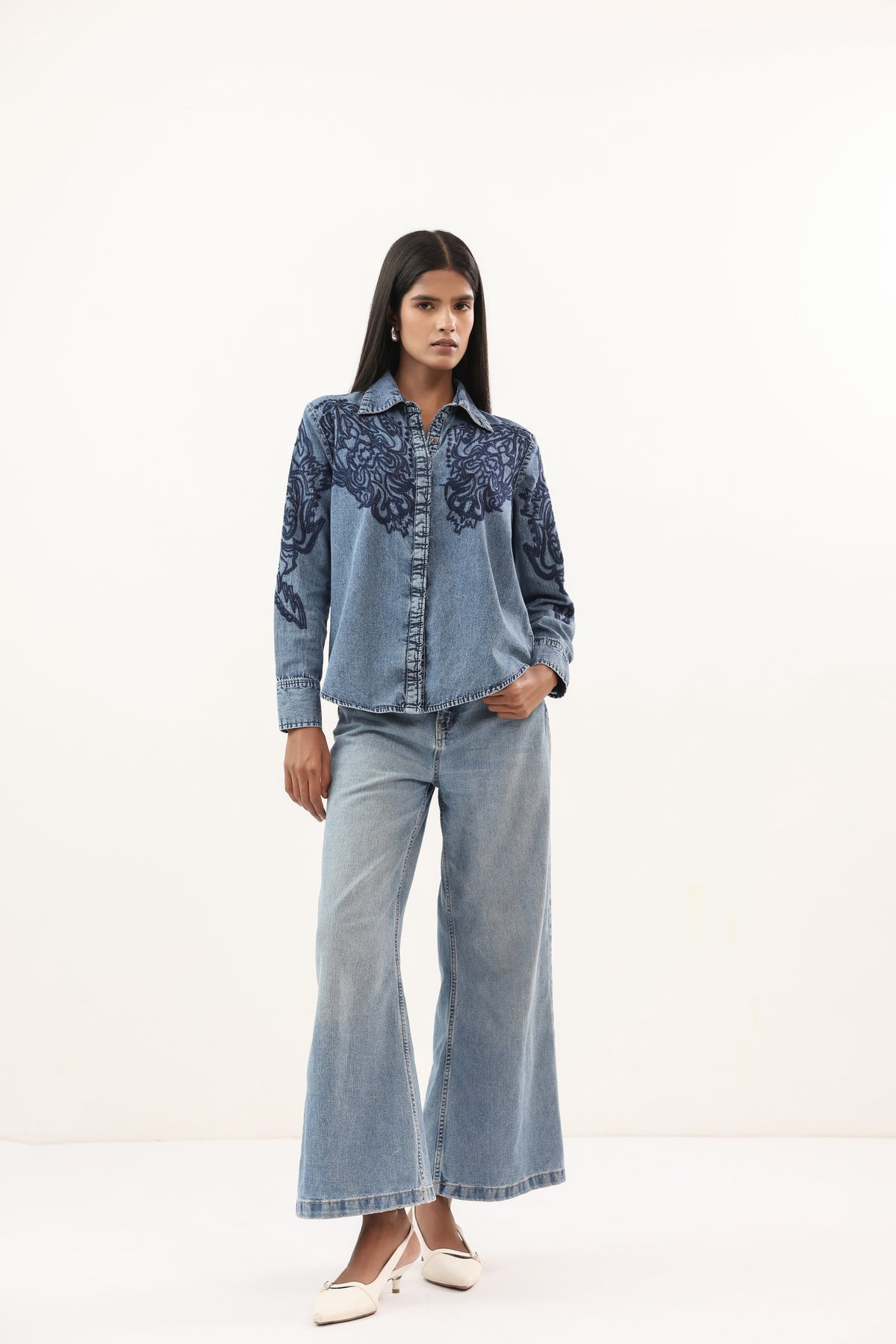 Artisanal Indigo Floral Embroidered Collared Denim Shirt