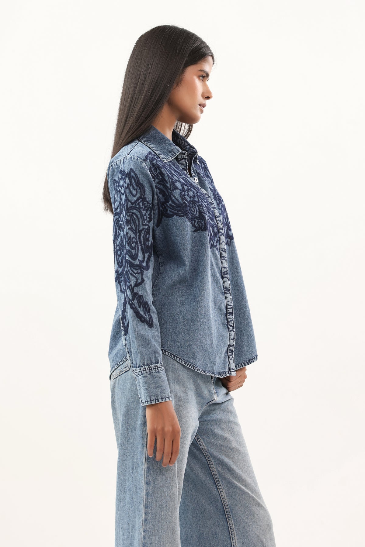 Artisanal Indigo Floral Embroidered Collared Denim Shirt