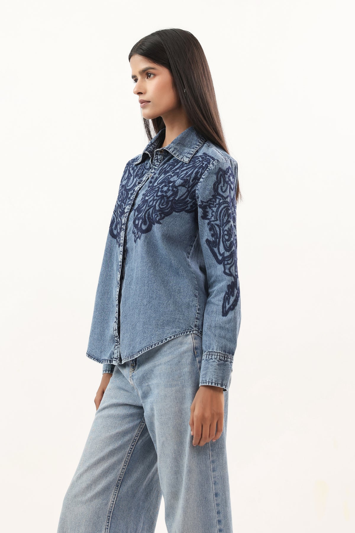 Artisanal Indigo Floral Embroidered Collared Denim Shirt