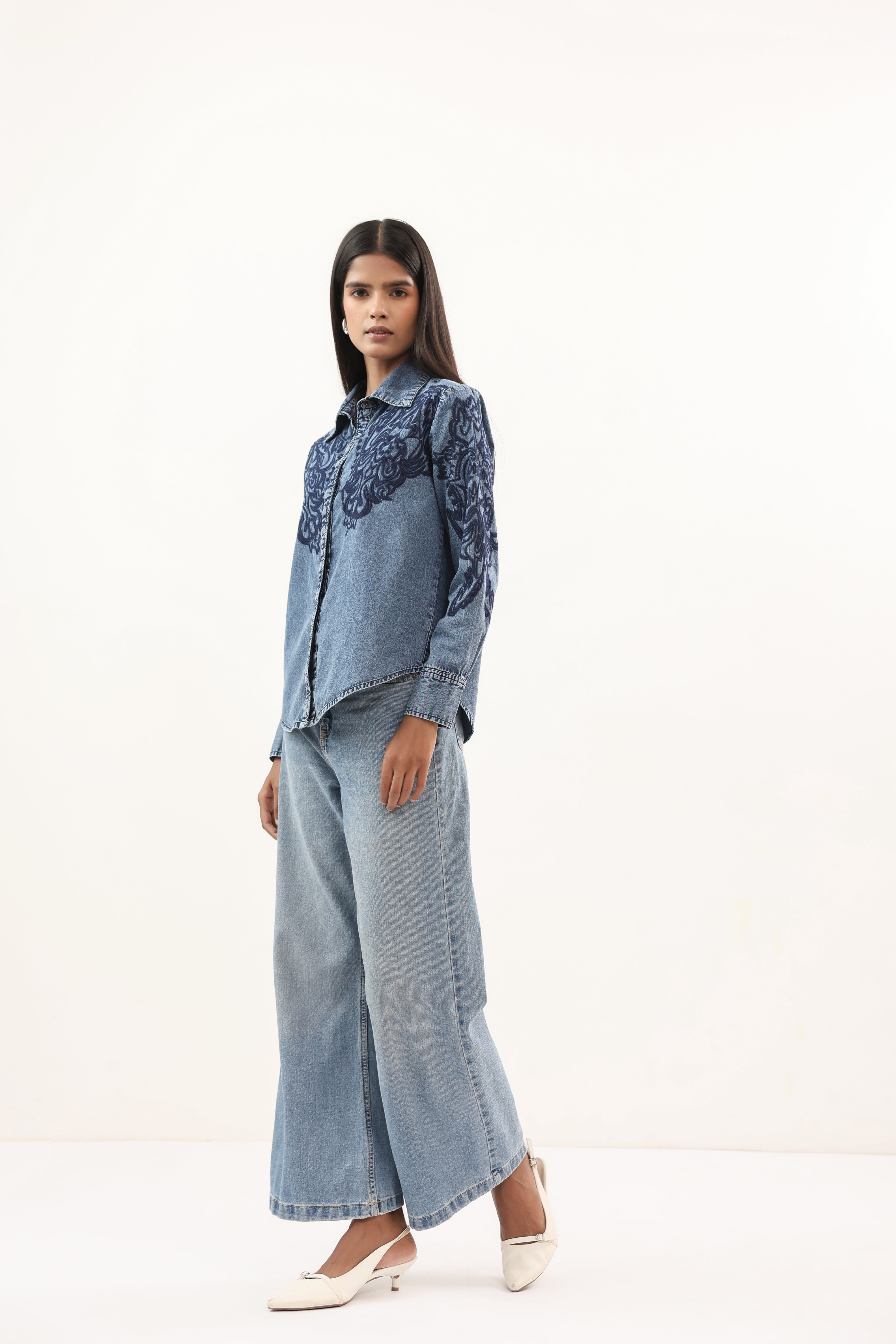 Artisanal Indigo Floral Embroidered Collared Denim Shirt