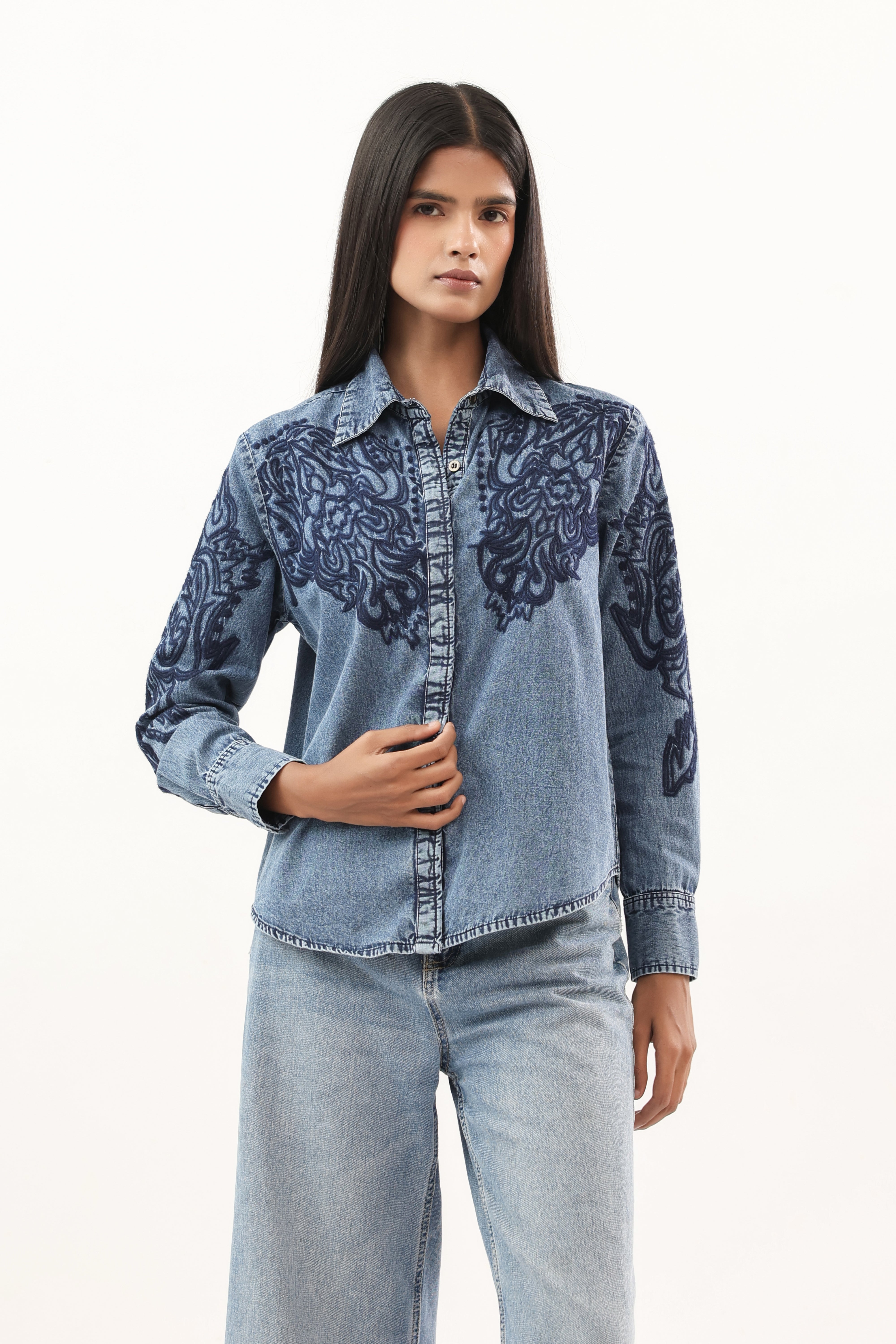 Artisanal Indigo Floral Embroidered Collared Denim Shirt