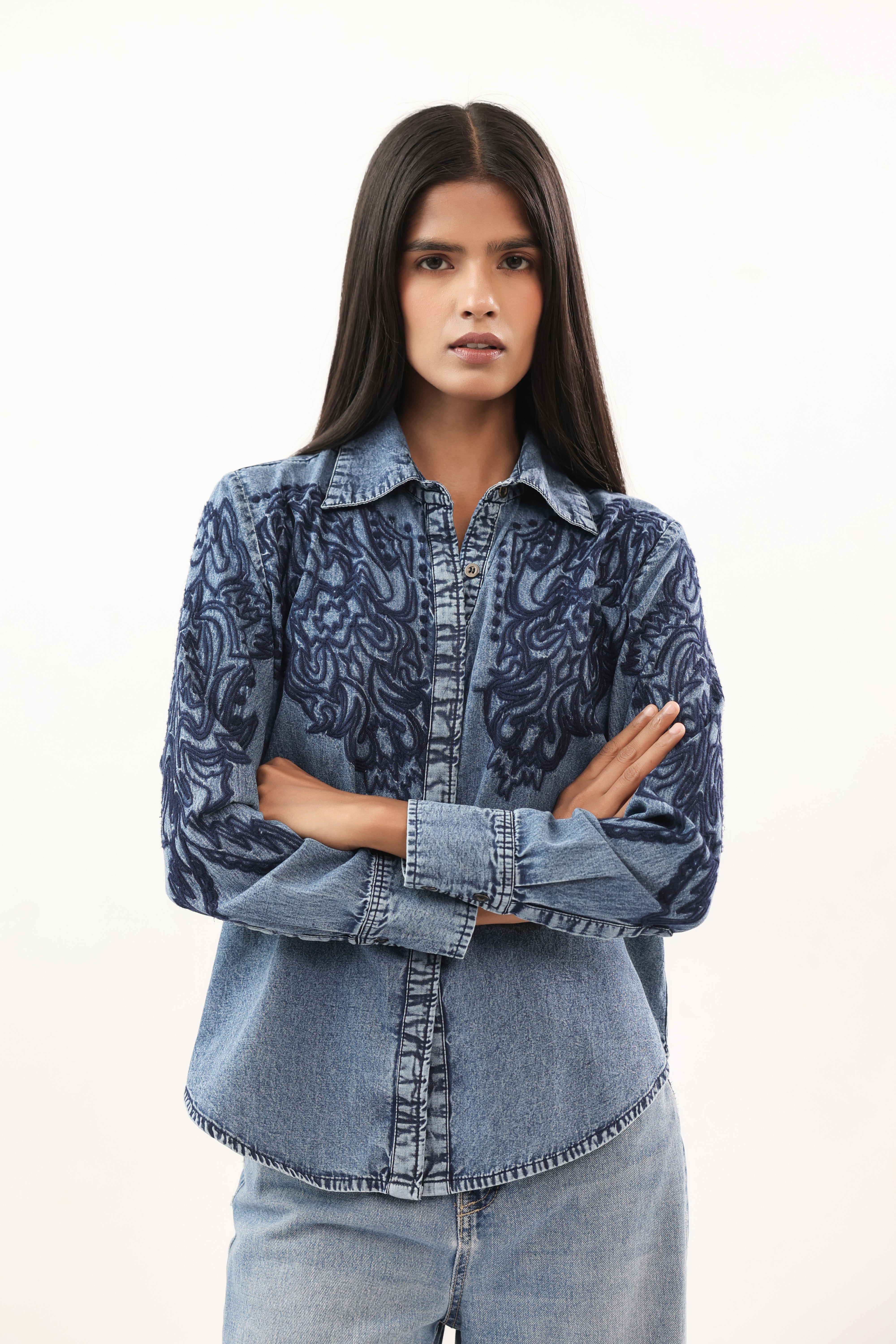 Artisanal Indigo Floral Embroidered Collared Denim Shirt