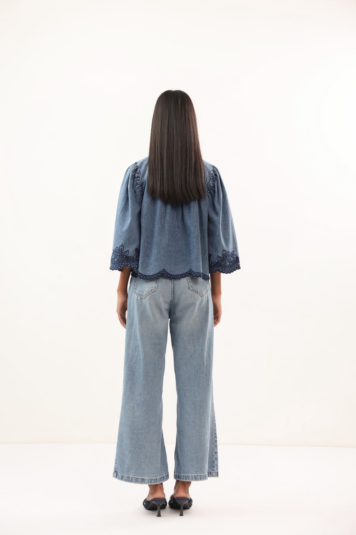 Indigo Blue Embroidered Scallop Hem Denim Shirt