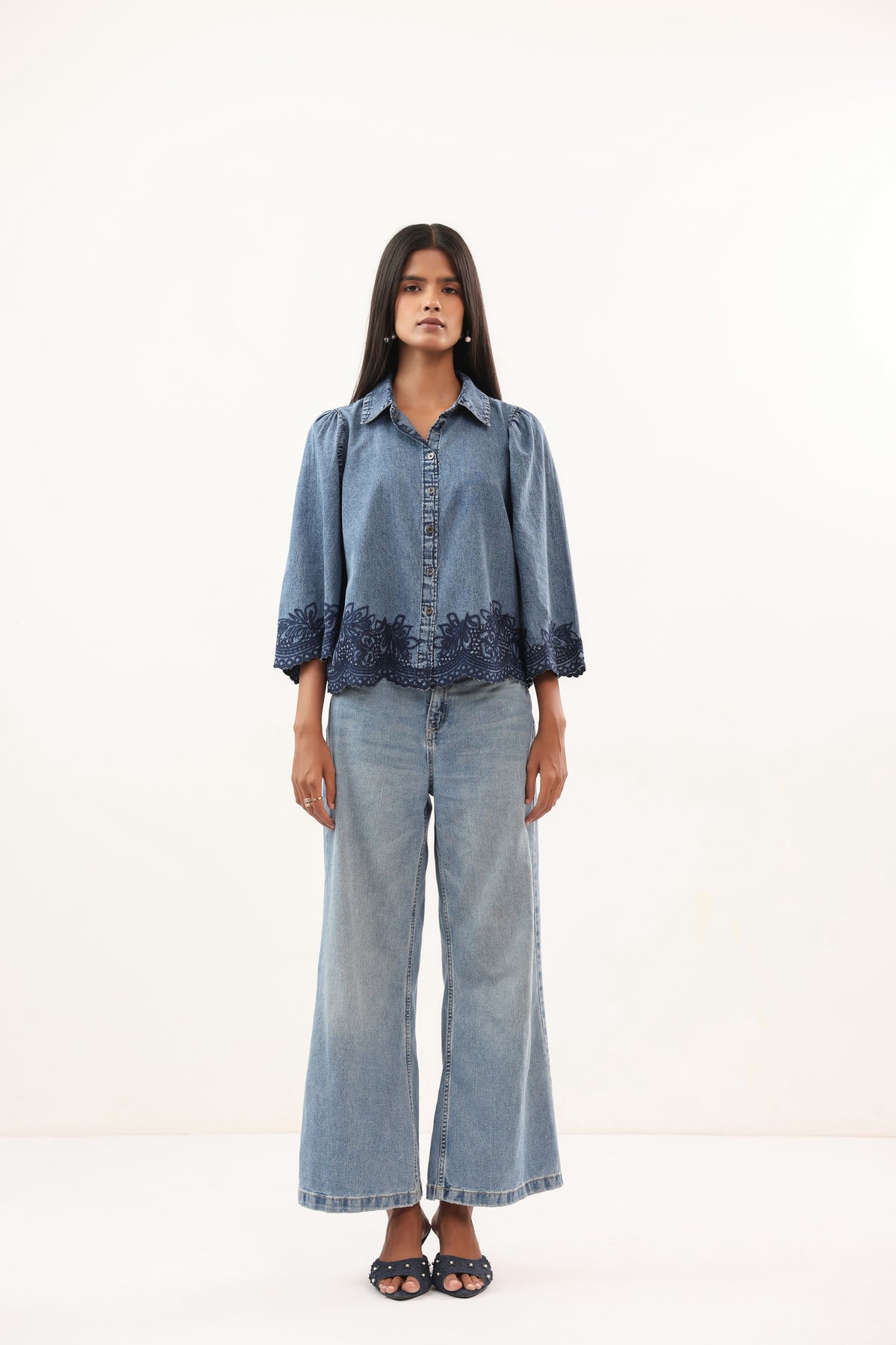 Indigo Blue Embroidered Scallop Hem Denim Shirt