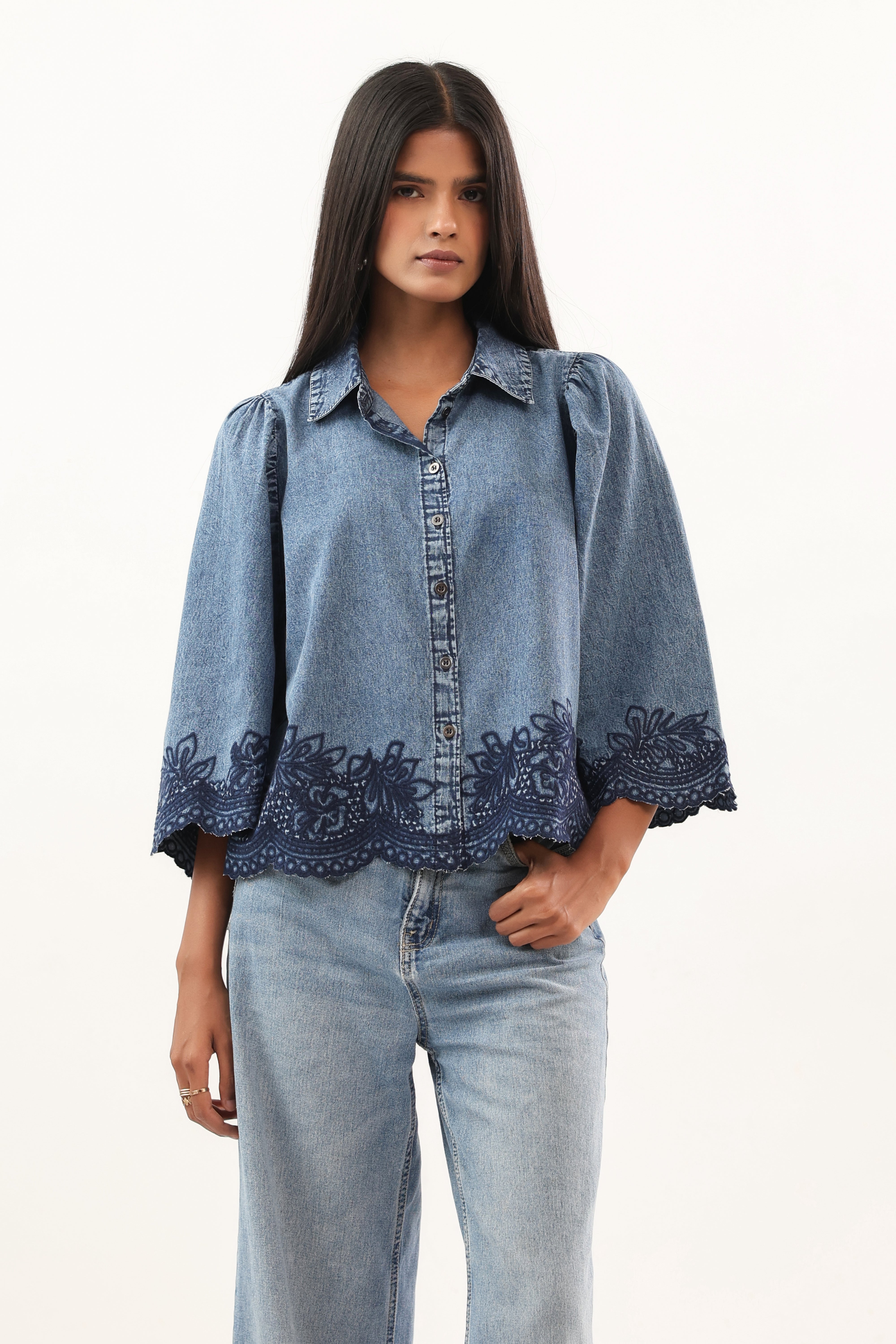 Indigo Blue Embroidered Scallop Hem Denim Shirt
