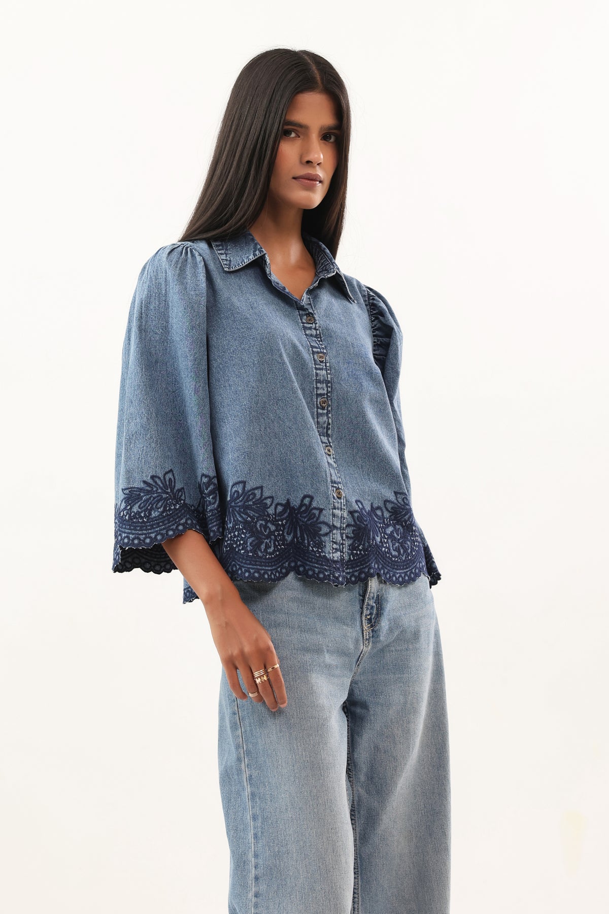 Indigo Blue Embroidered Scallop Hem Denim Shirt