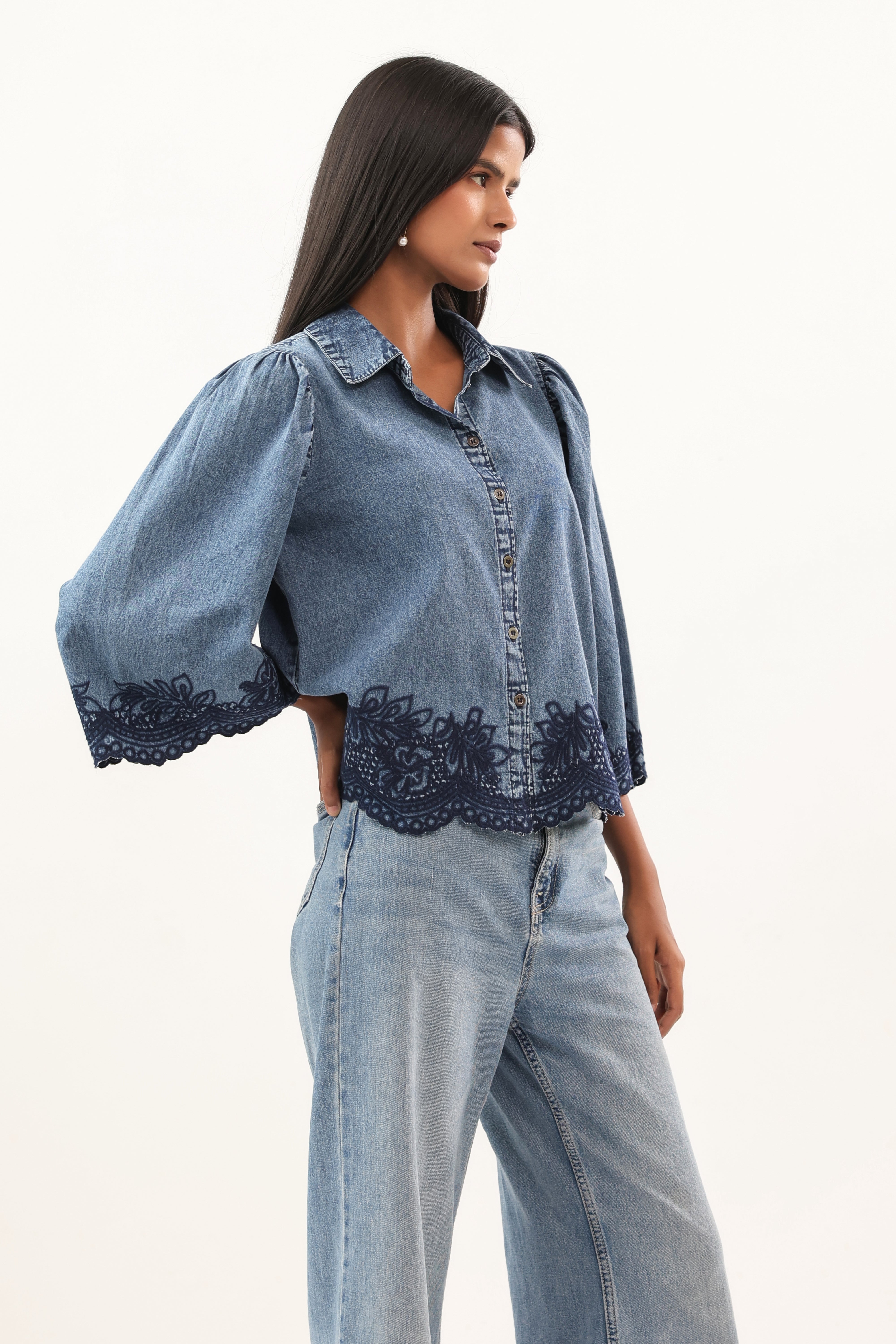 Indigo Blue Embroidered Scallop Hem Denim Shirt