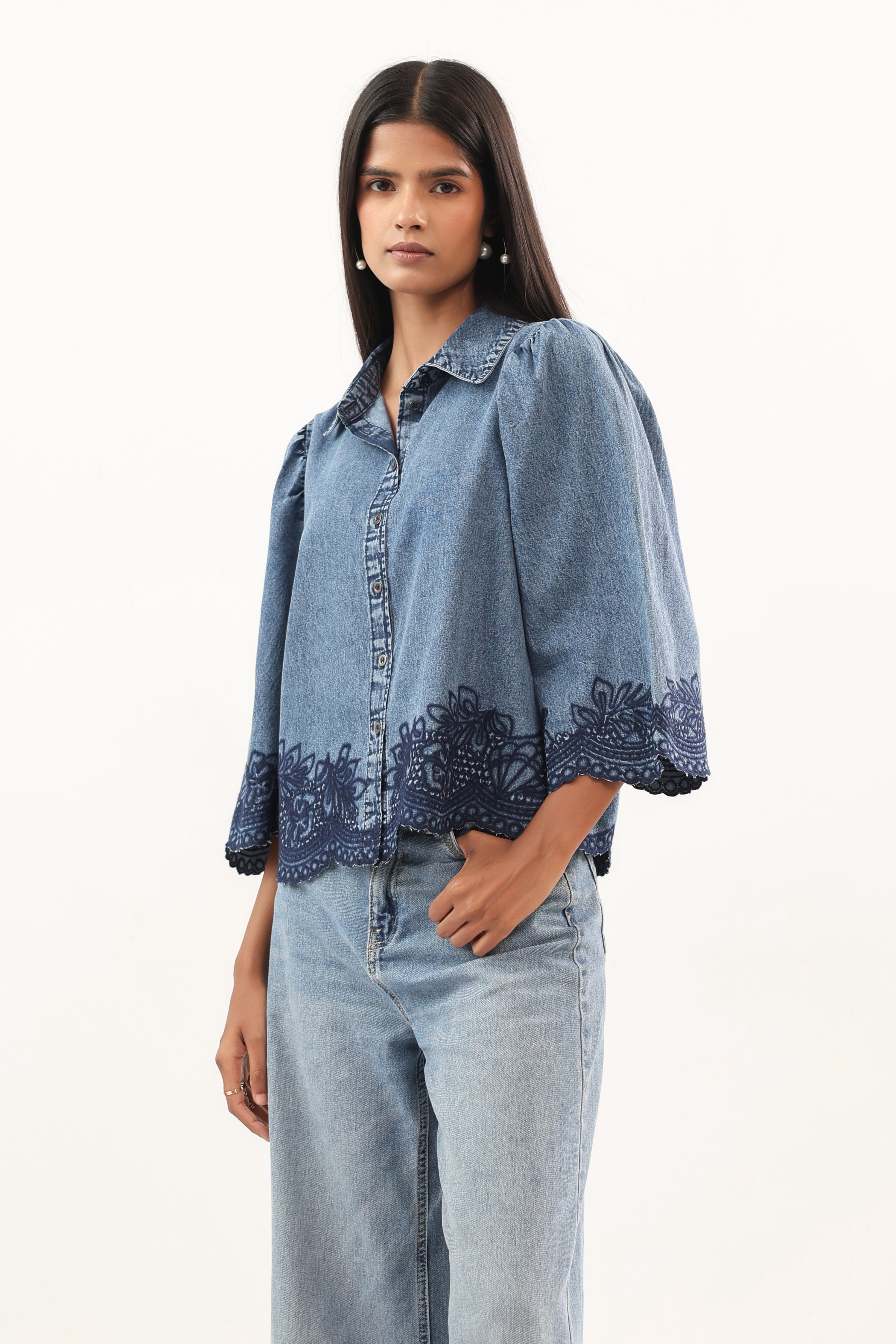 Indigo Blue Embroidered Scallop Hem Denim Shirt