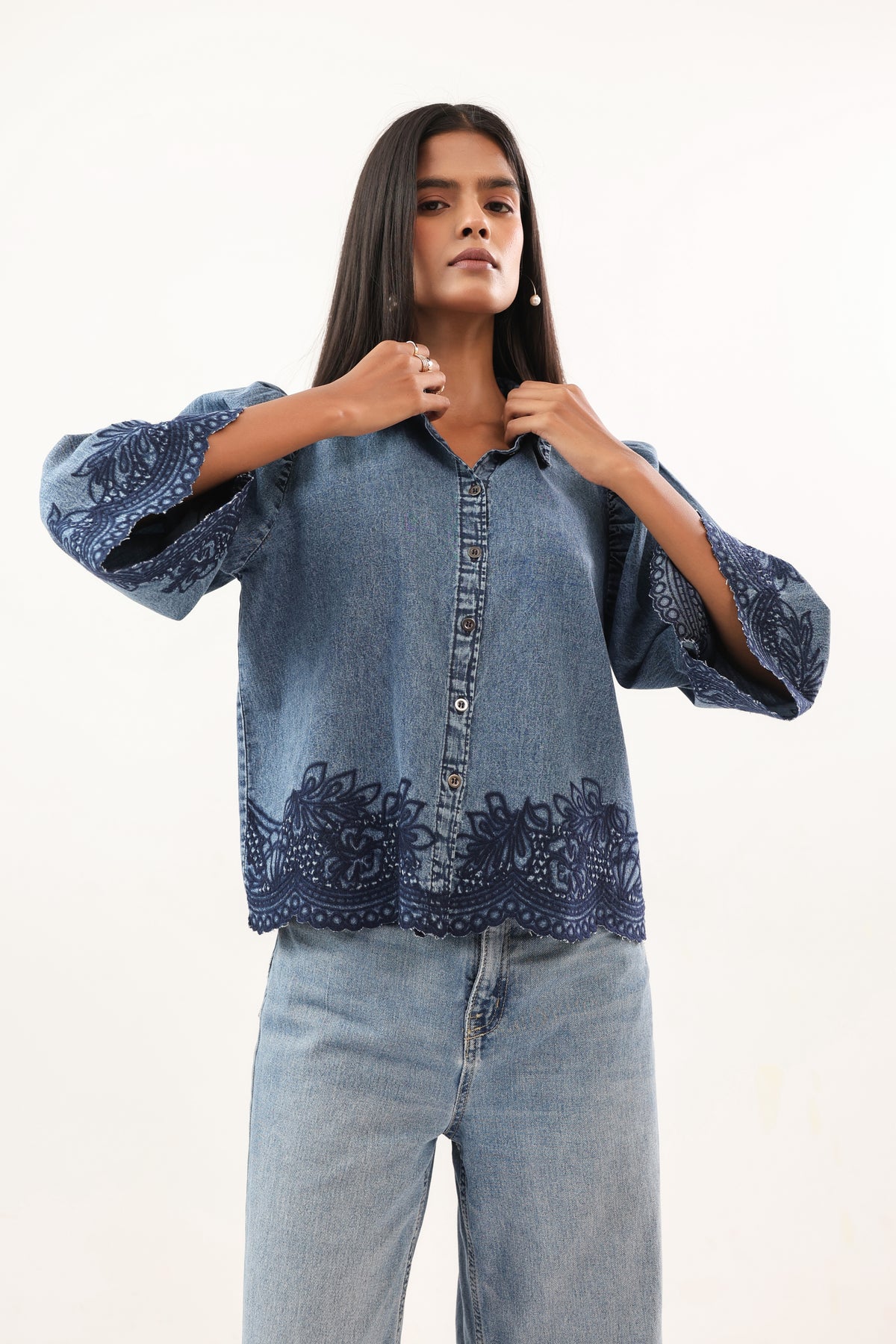 Indigo Blue Embroidered Scallop Hem Denim Shirt