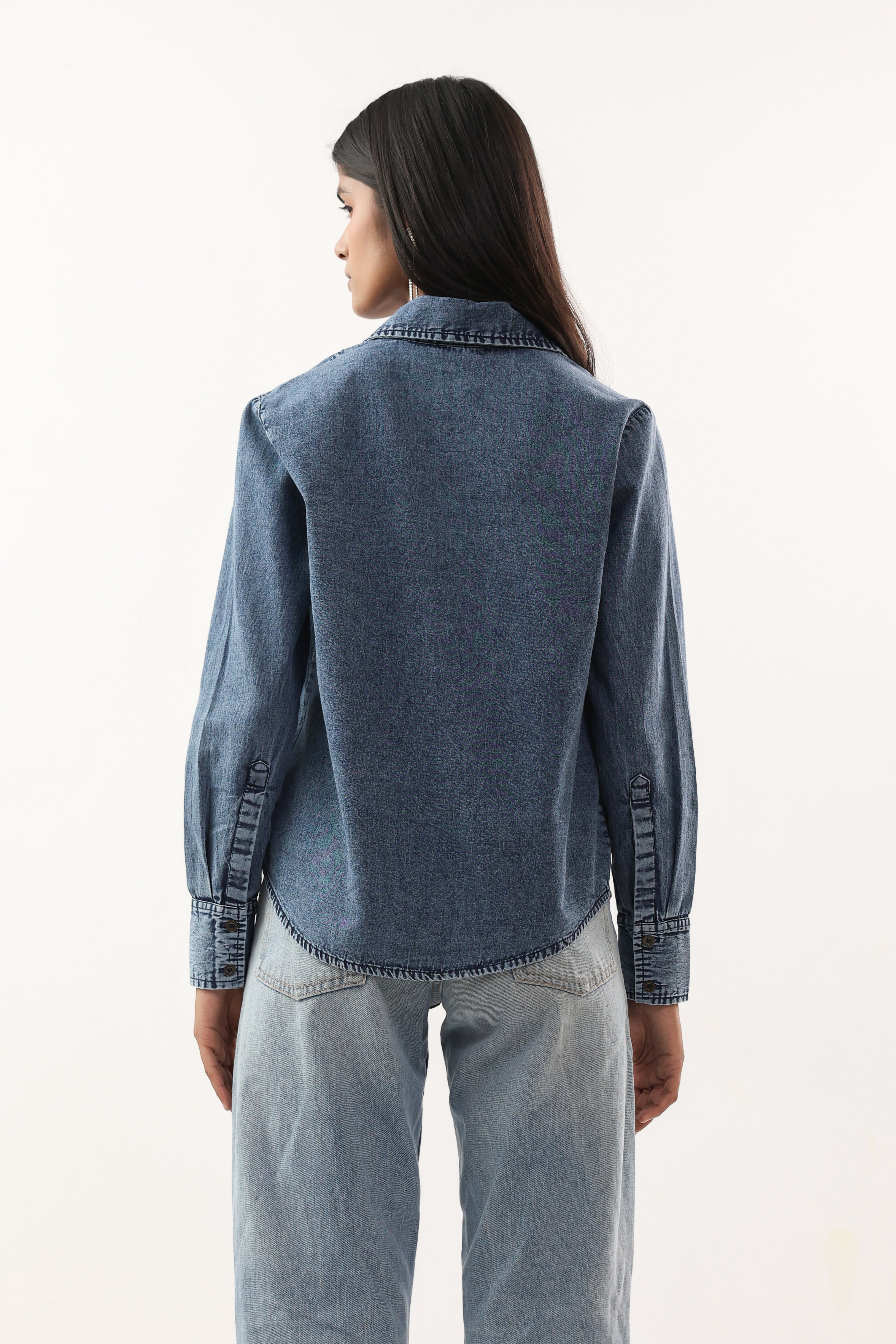Washed Blue Leaf Motif Button-Down Denim Shirt