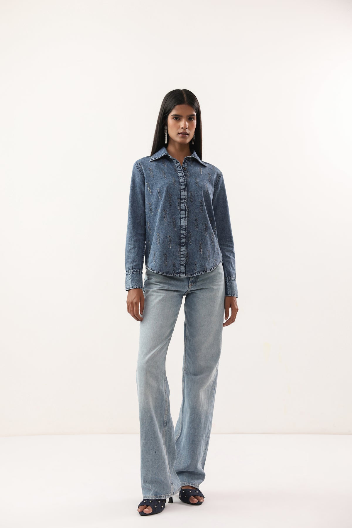 Washed Blue Leaf Motif Button-Down Denim Shirt