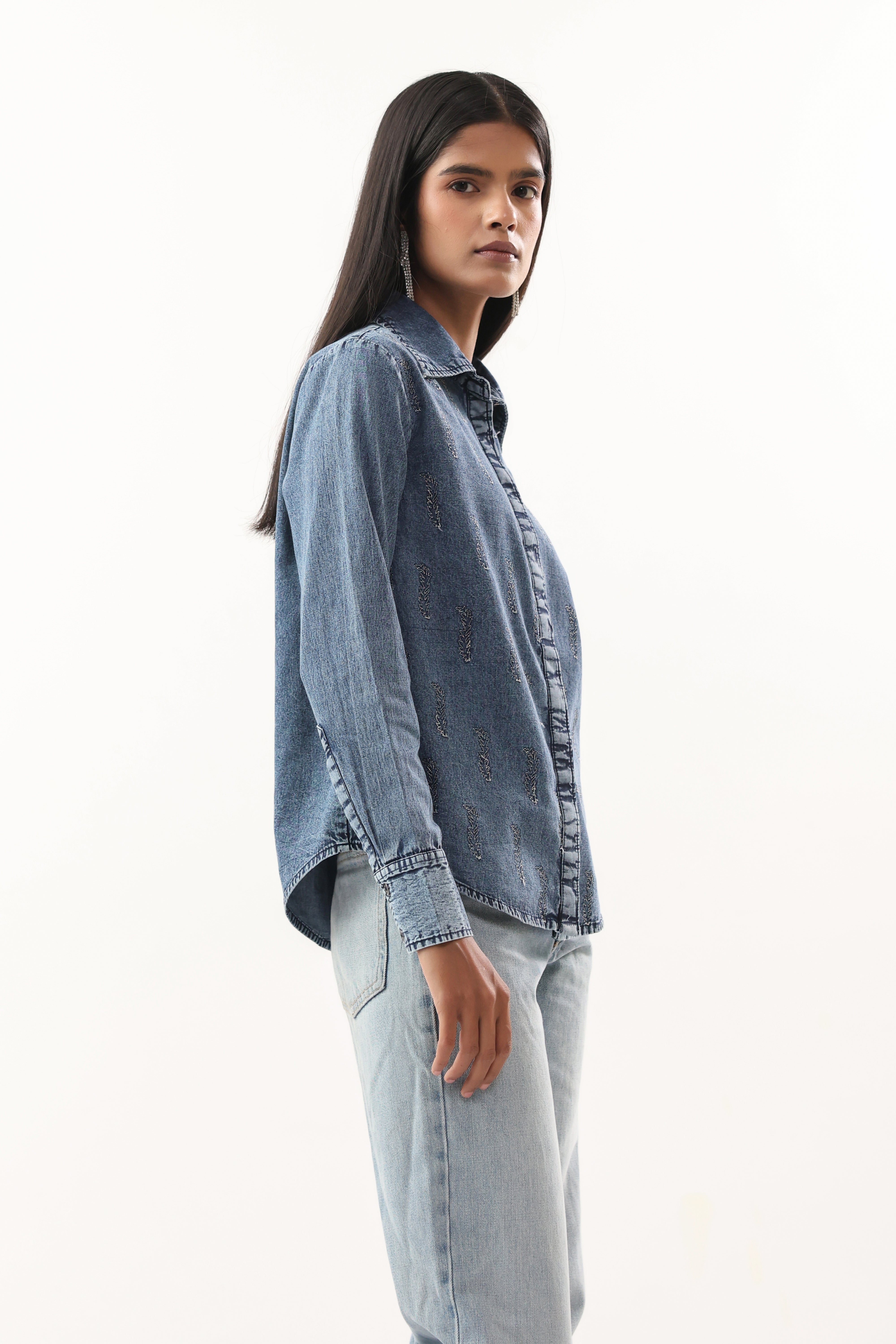 Washed Blue Leaf Motif Button-Down Denim Shirt
