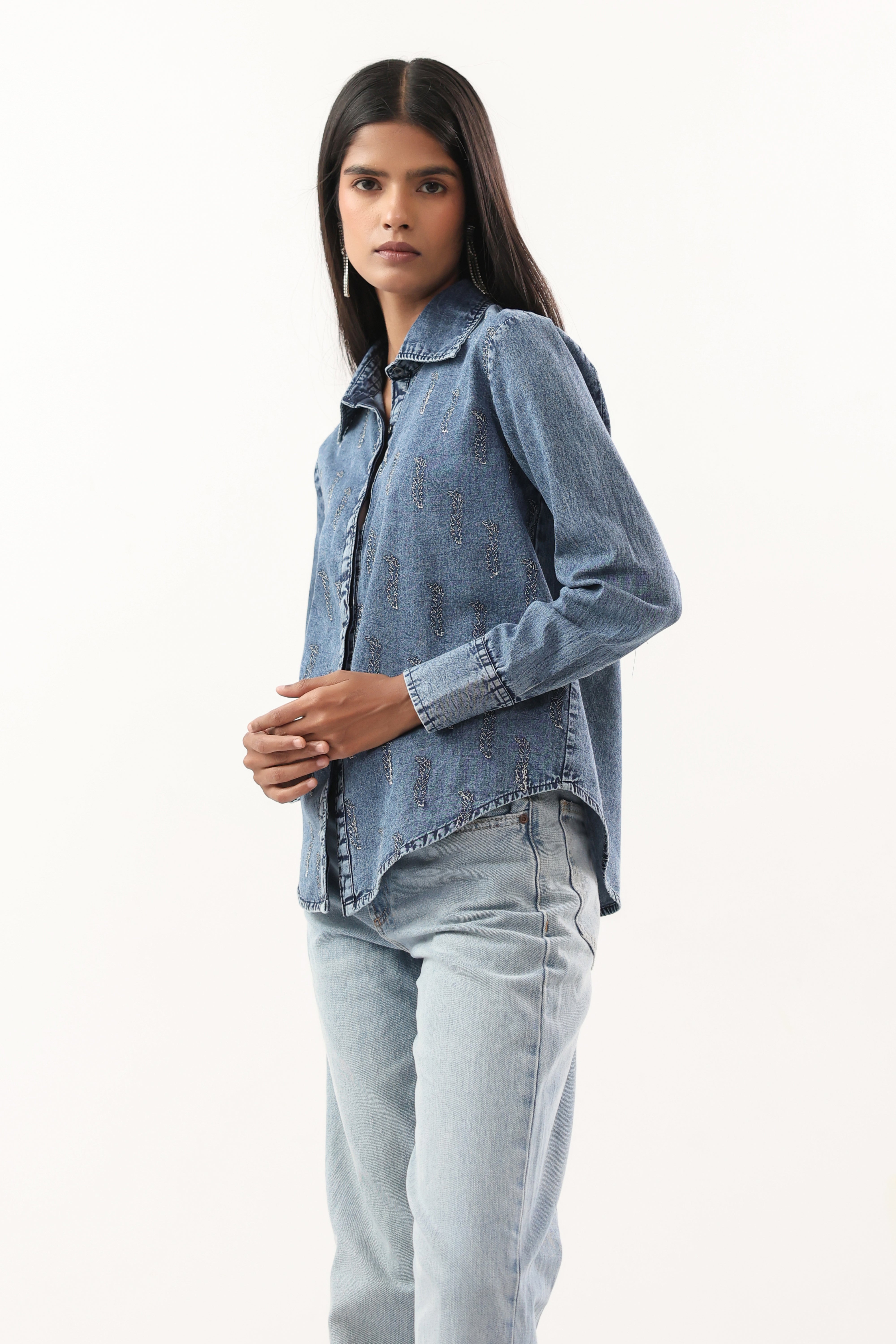 Washed Blue Leaf Motif Button-Down Denim Shirt