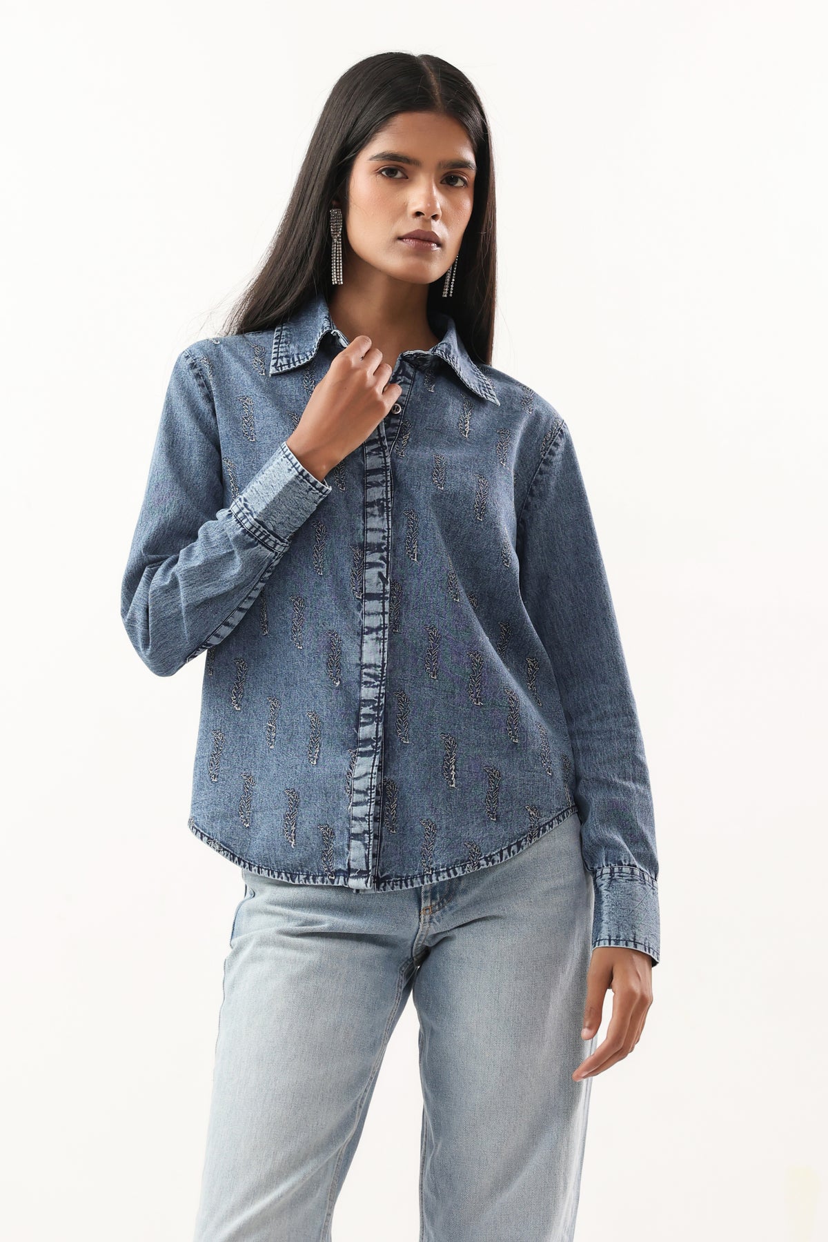 Washed Blue Leaf Motif Button-Down Denim Shirt