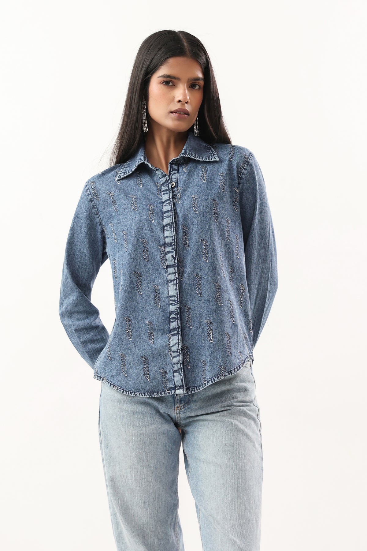 Washed Blue Leaf Motif Button-Down Denim Shirt
