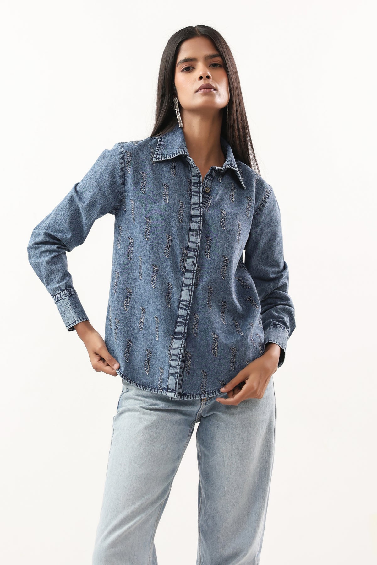 Washed Blue Leaf Motif Button-Down Denim Shirt