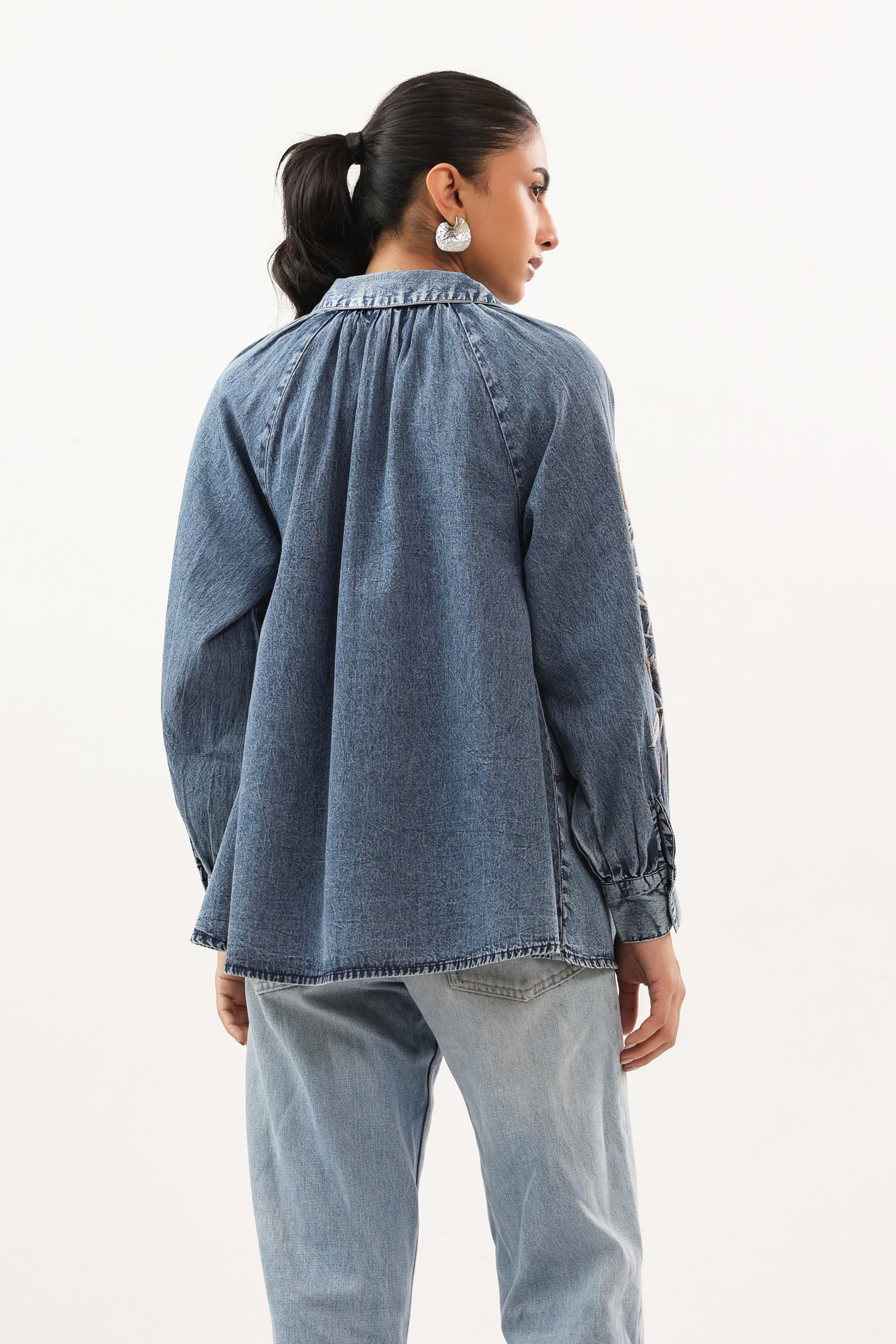 Indigo Botanical Embroidered Relaxed Fit Denim Shirt