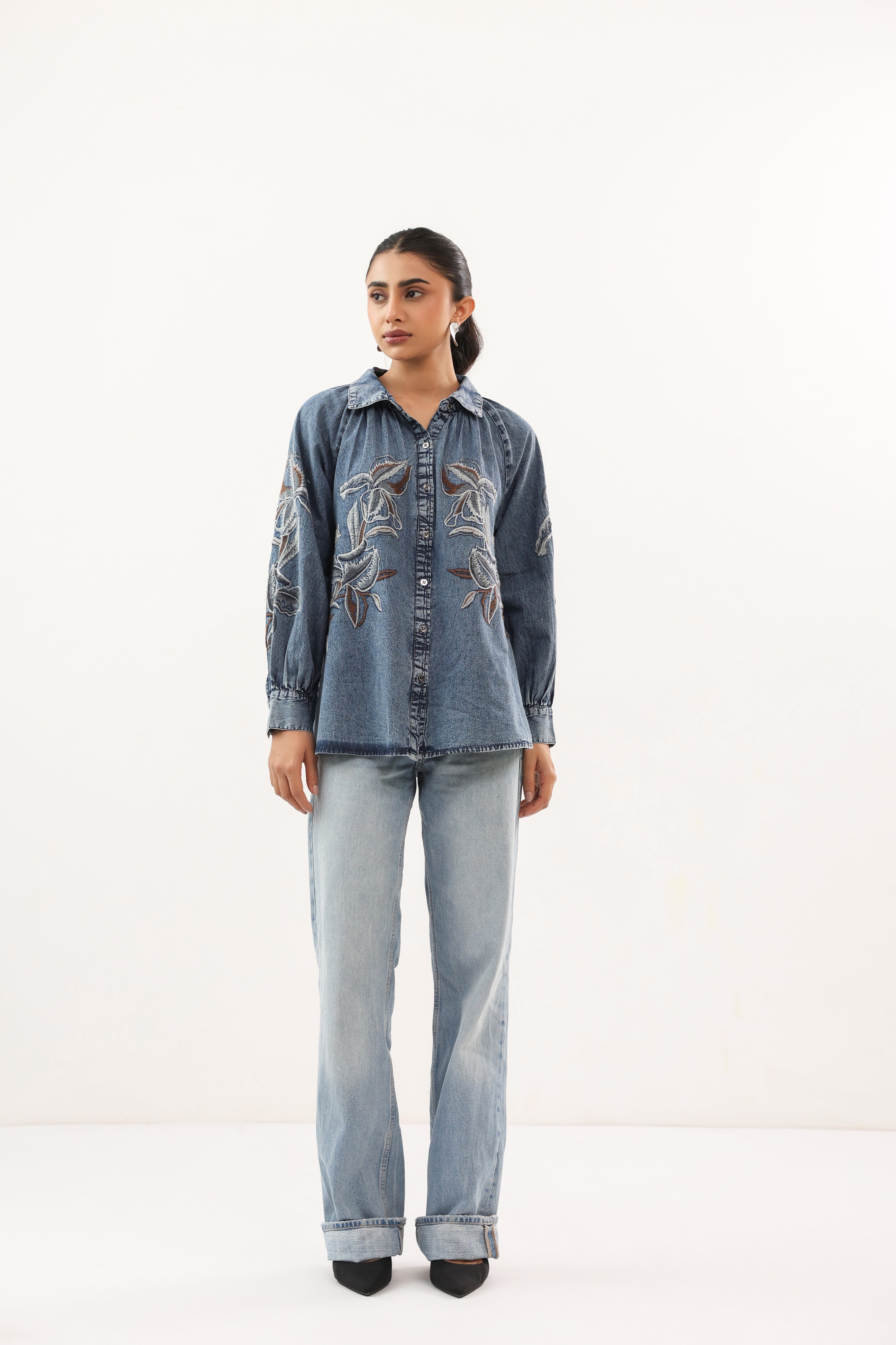 Indigo Botanical Embroidered Relaxed Fit Denim Shirt