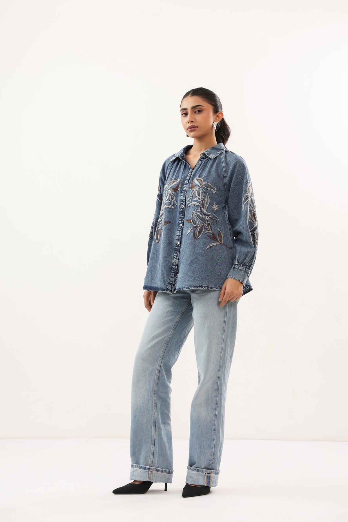Indigo Botanical Embroidered Relaxed Fit Denim Shirt