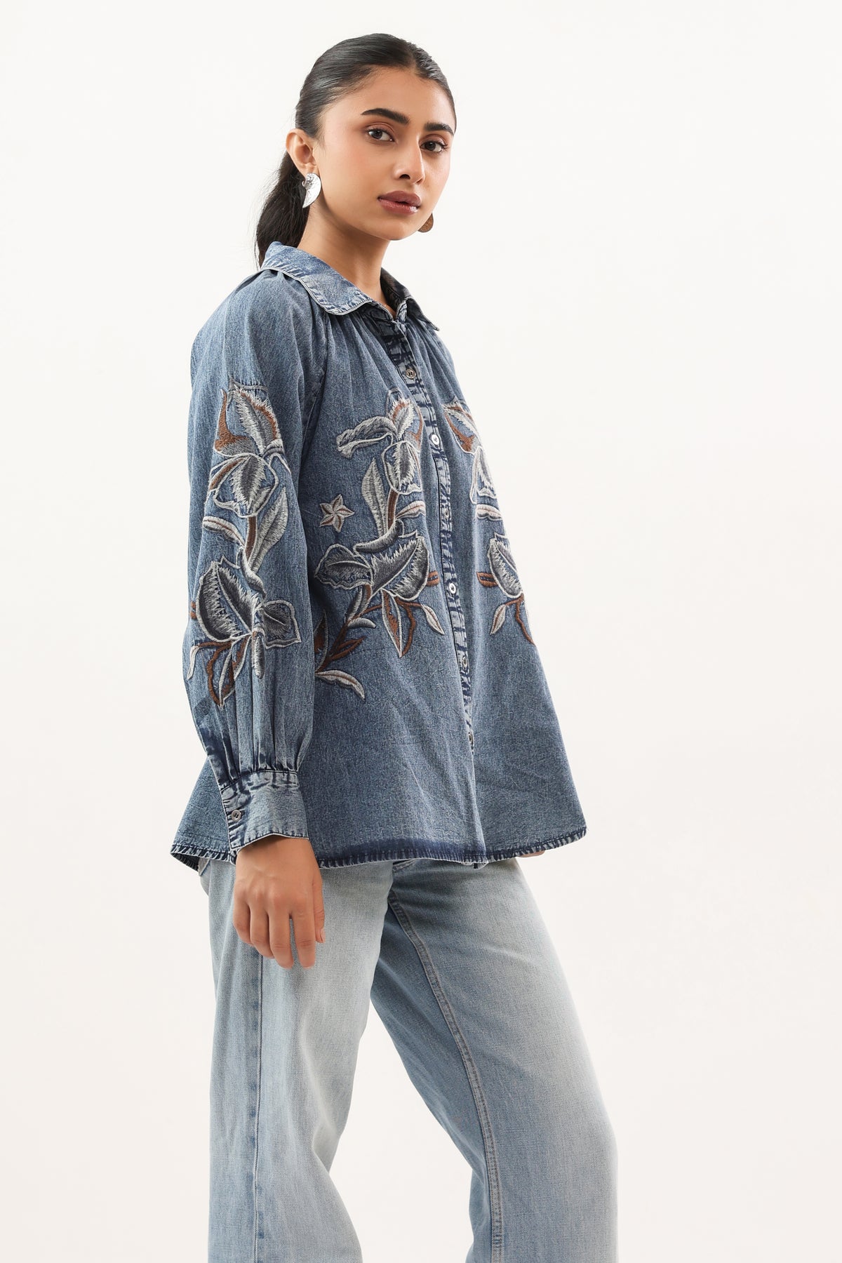 Indigo Botanical Embroidered Relaxed Fit Denim Shirt
