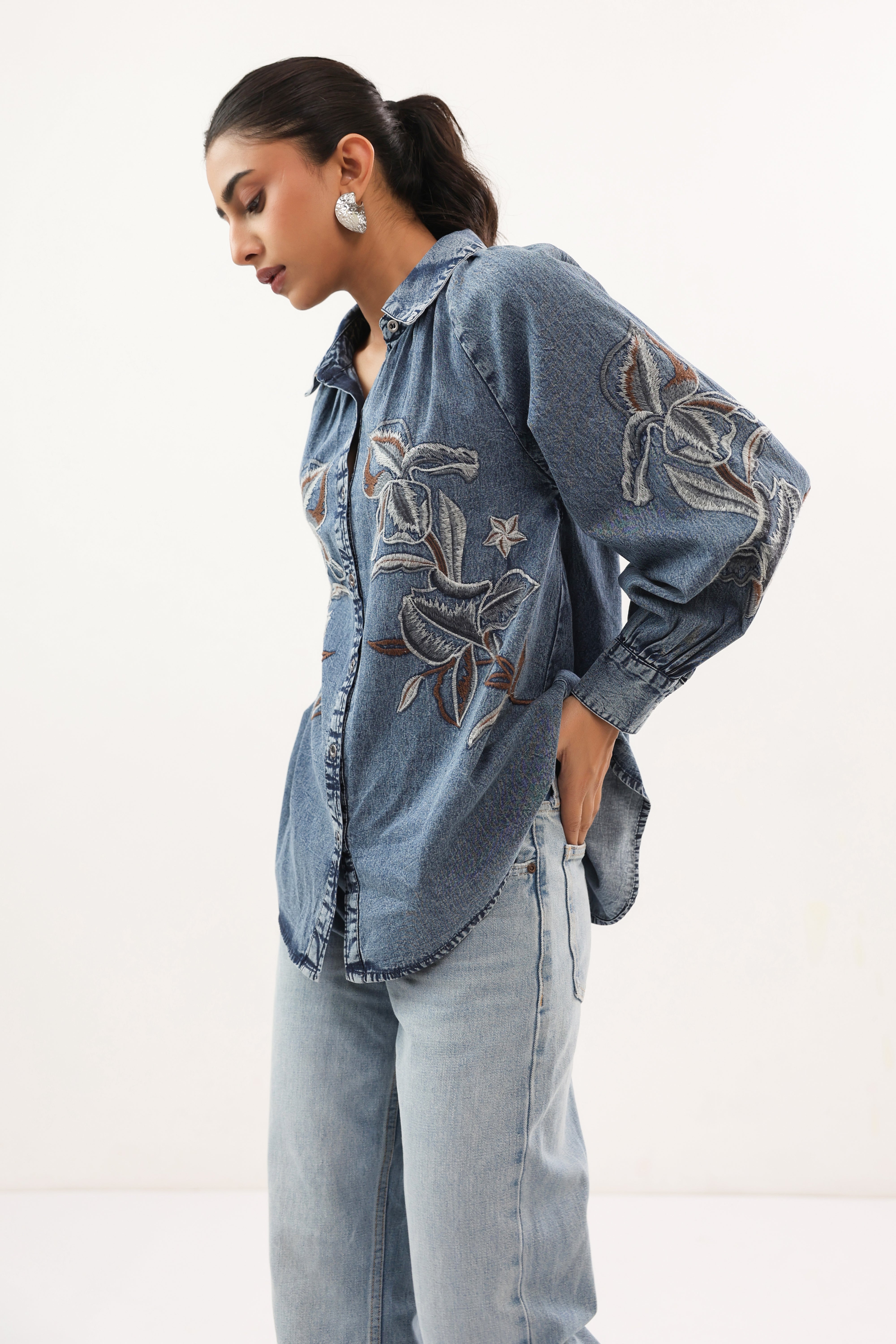 Indigo Botanical Embroidered Relaxed Fit Denim Shirt