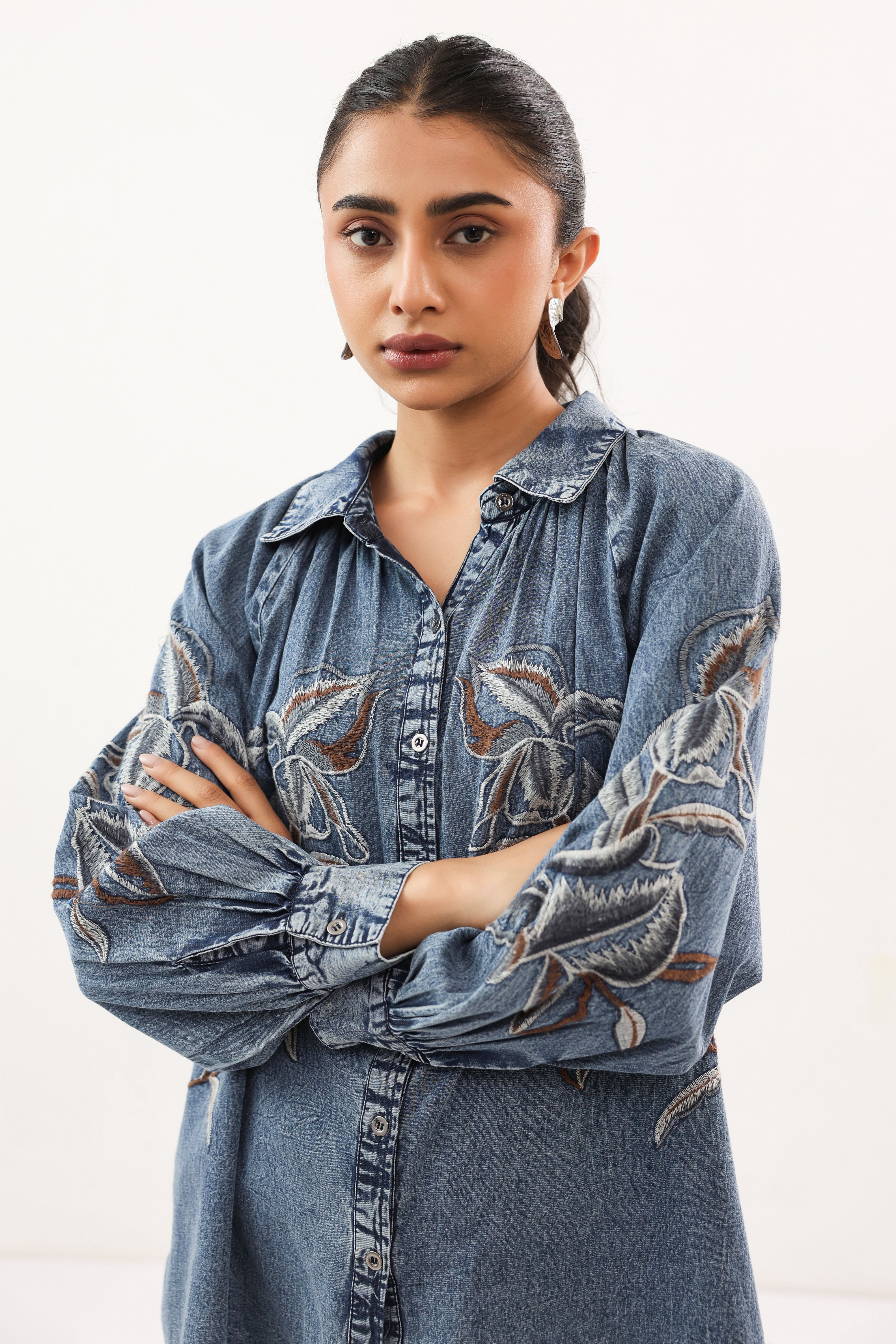 Indigo Botanical Embroidered Relaxed Fit Denim Shirt