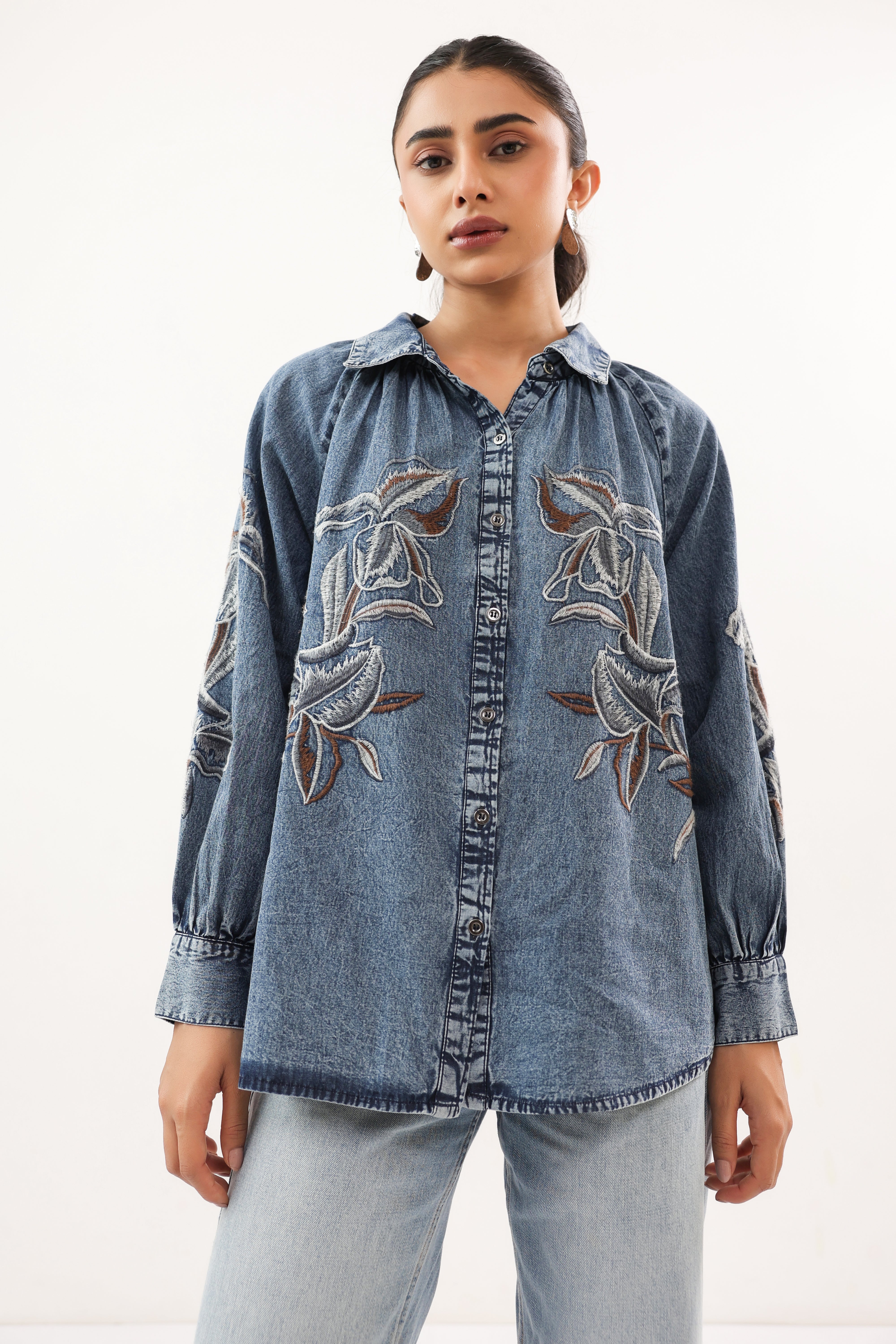 Indigo Botanical Embroidered Relaxed Fit Denim Shirt