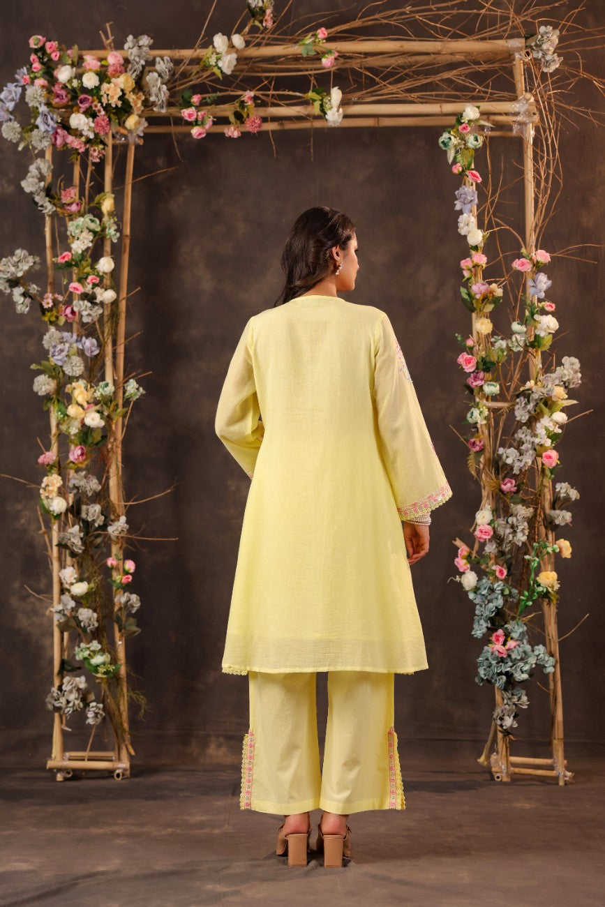 Premium Yellow Embroidered Angrakha Style Kurta Palazzo Set