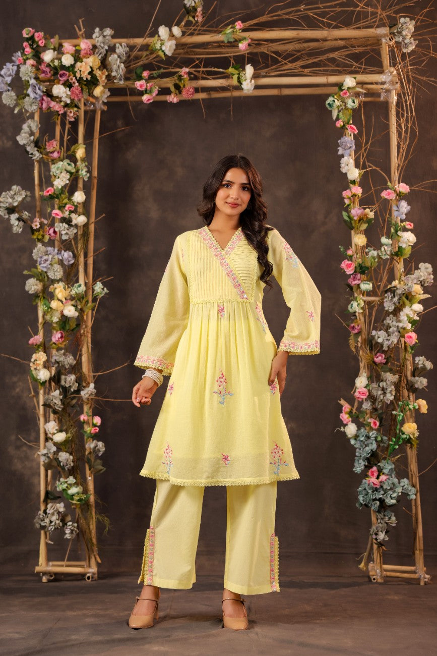 Premium Yellow Embroidered Angrakha Style Kurta Palazzo Set