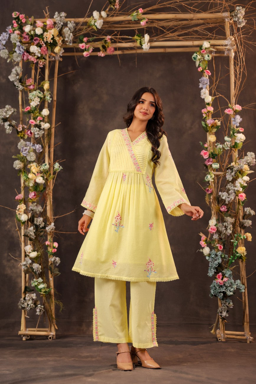 Premium Yellow Embroidered Angrakha Style Kurta Palazzo Set