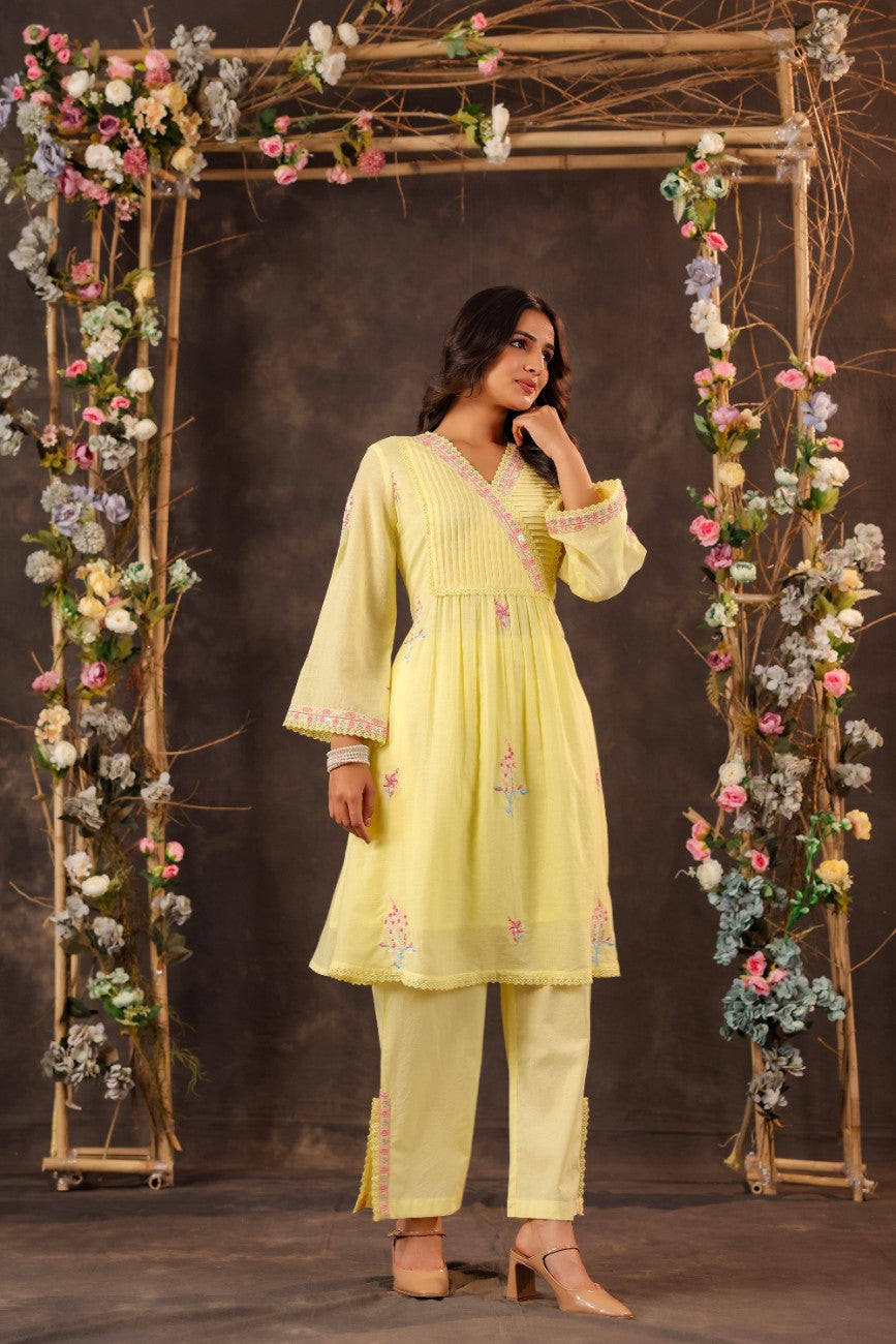 Premium Yellow Embroidered Angrakha Style Kurta Palazzo Set