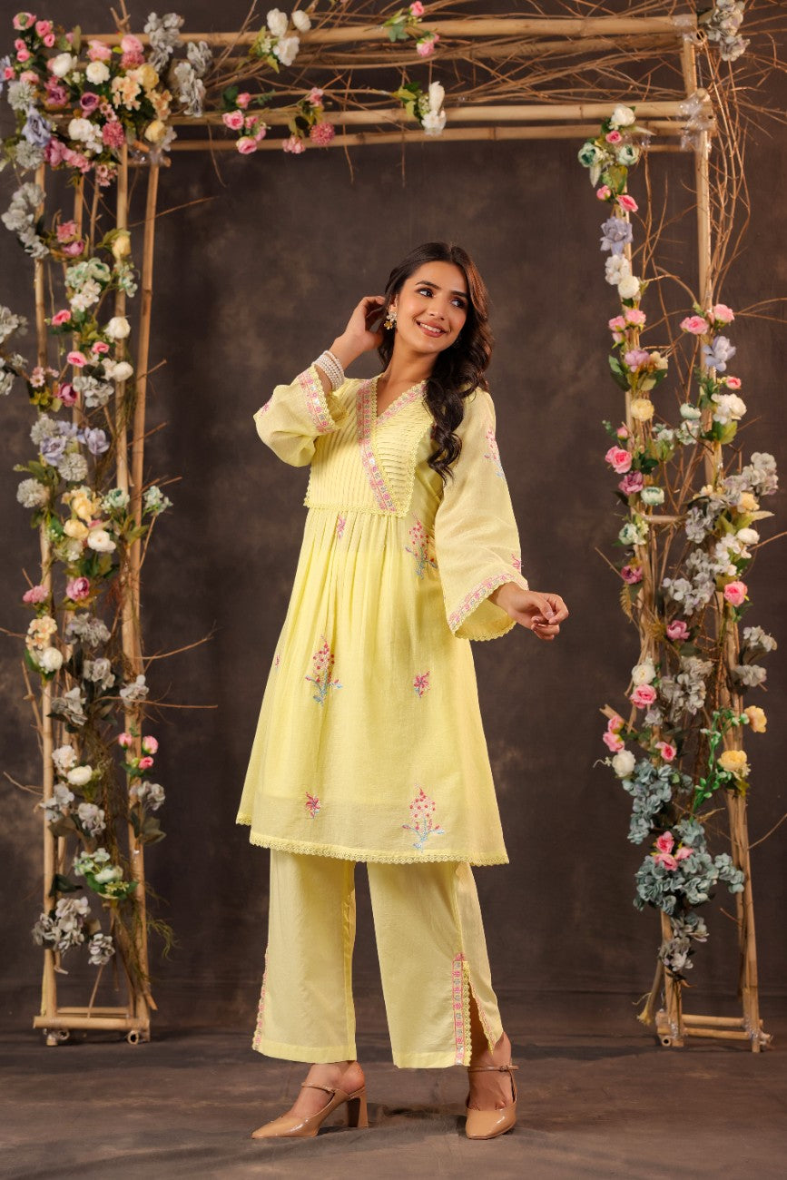 Premium Yellow Embroidered Angrakha Style Kurta Palazzo Set