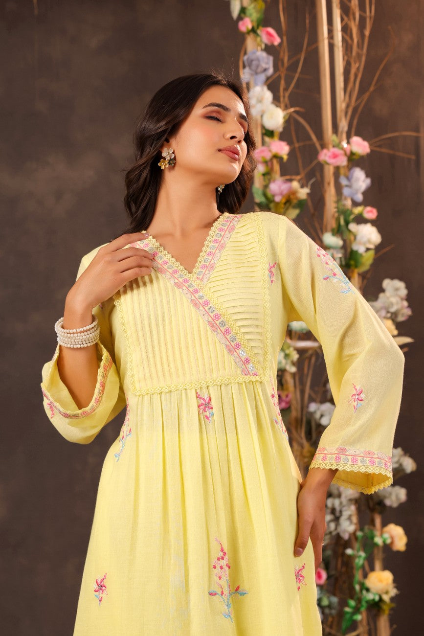 Premium Yellow Embroidered Angrakha Style Kurta Palazzo Set