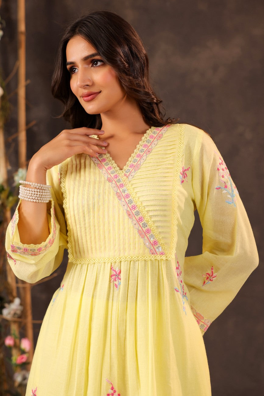 Premium Yellow Embroidered Angrakha Style Kurta Palazzo Set