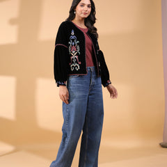 Poly Velvet Embroidered Black Jacket