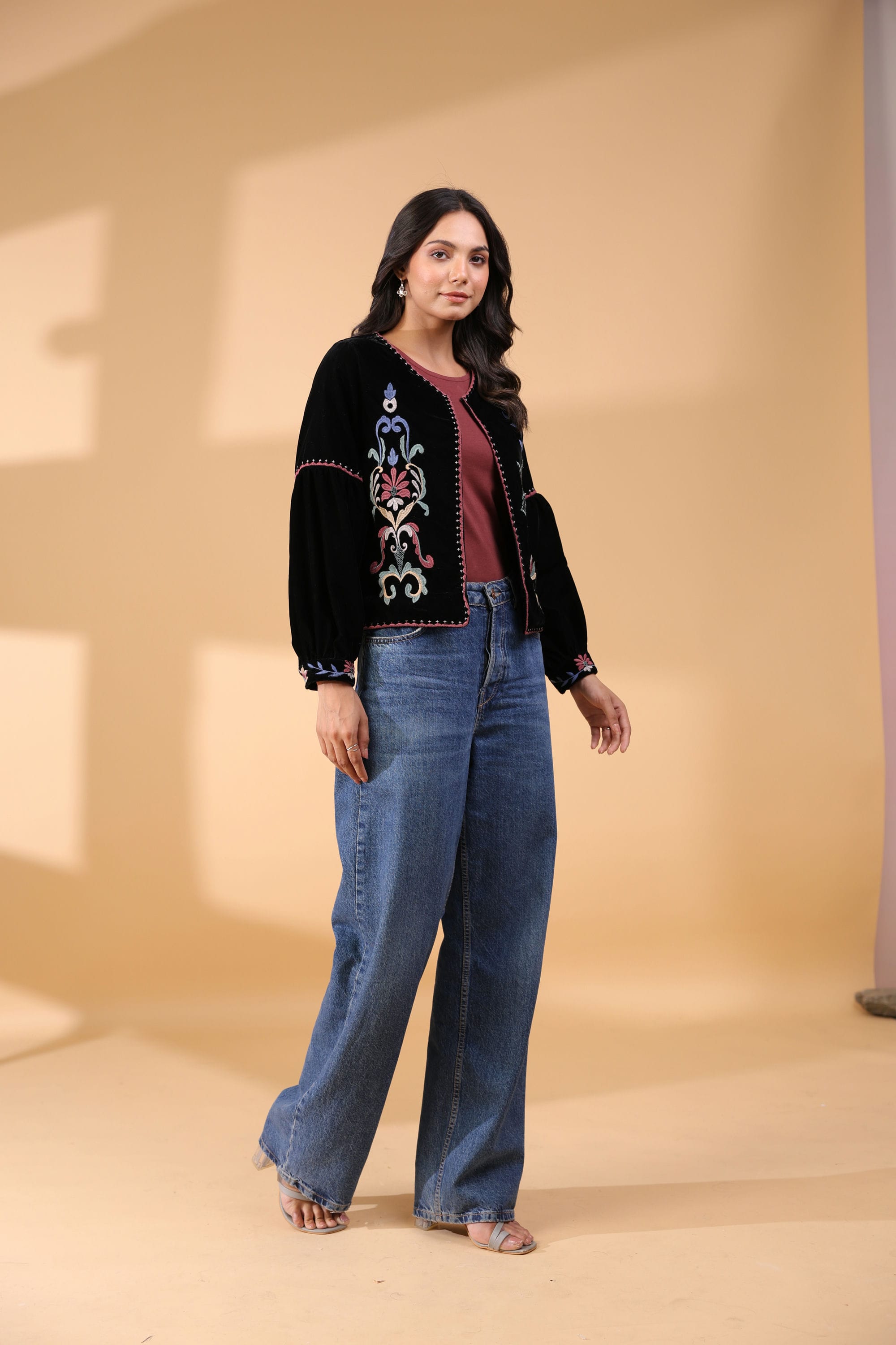 Poly Velvet Embroidered Black Jacket