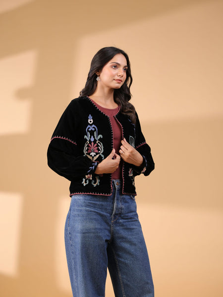Poly Velvet Embroidered Black Jacket