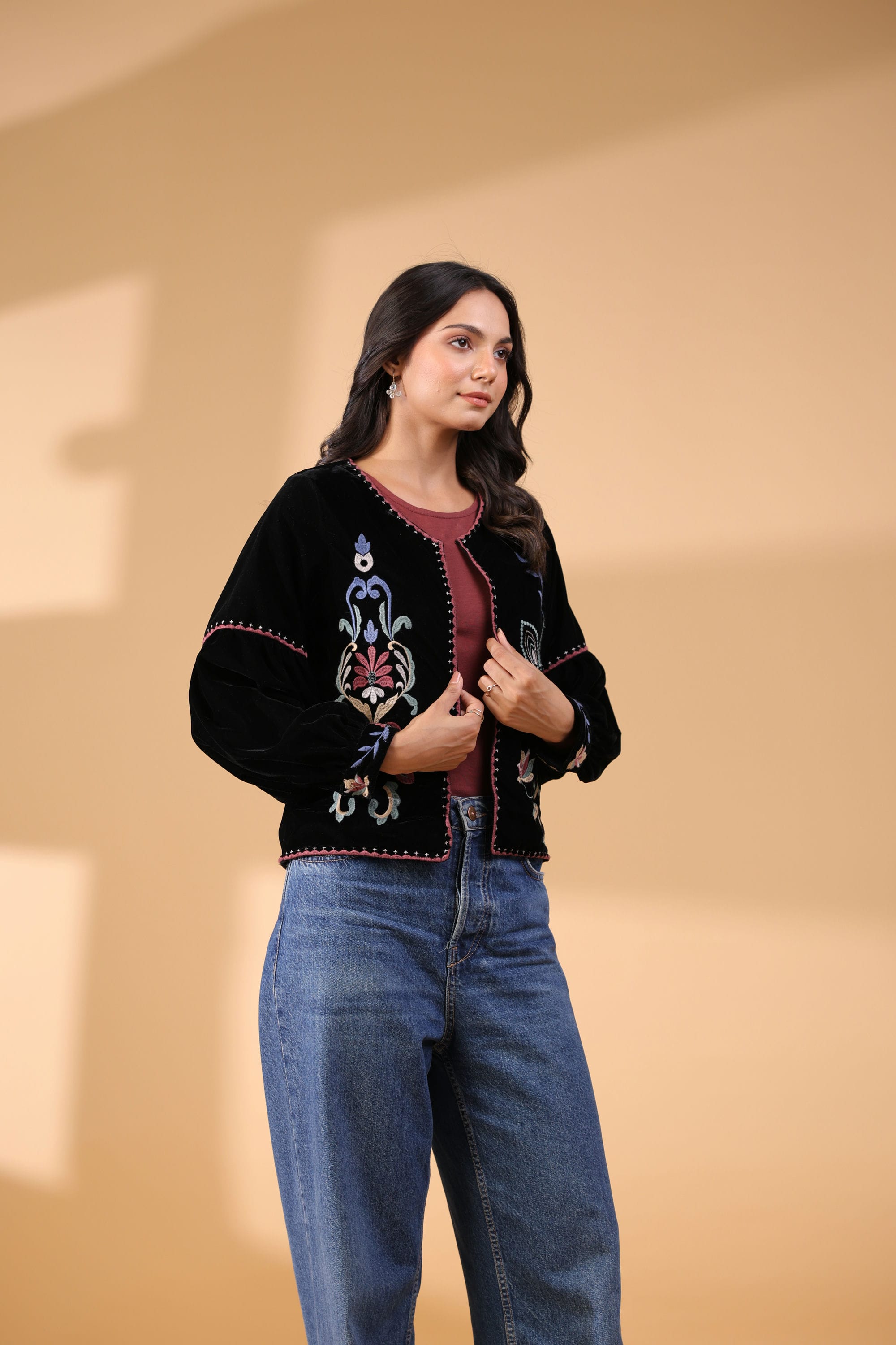 Poly Velvet Embroidered Black Jacket