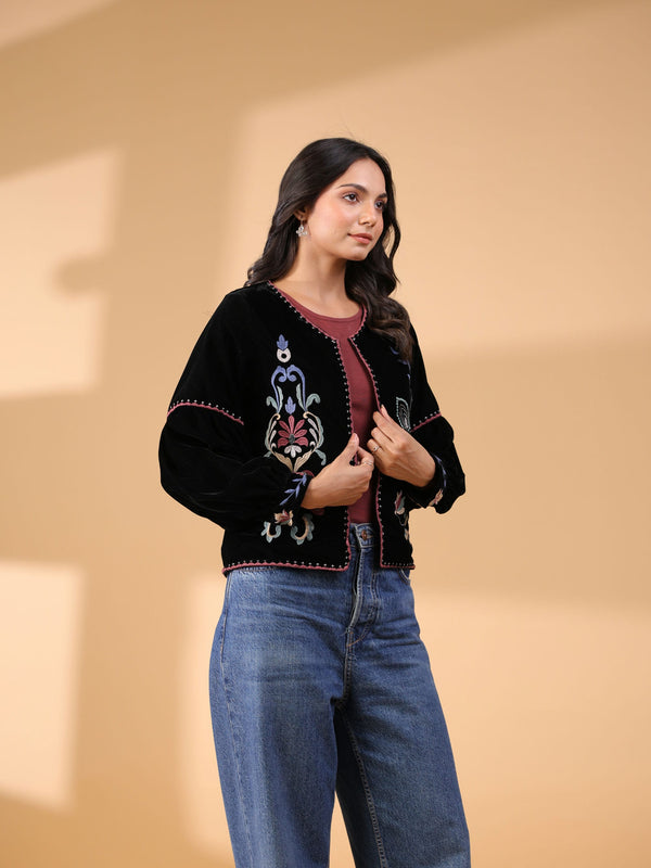 Poly Velvet Embroidered Black Jacket