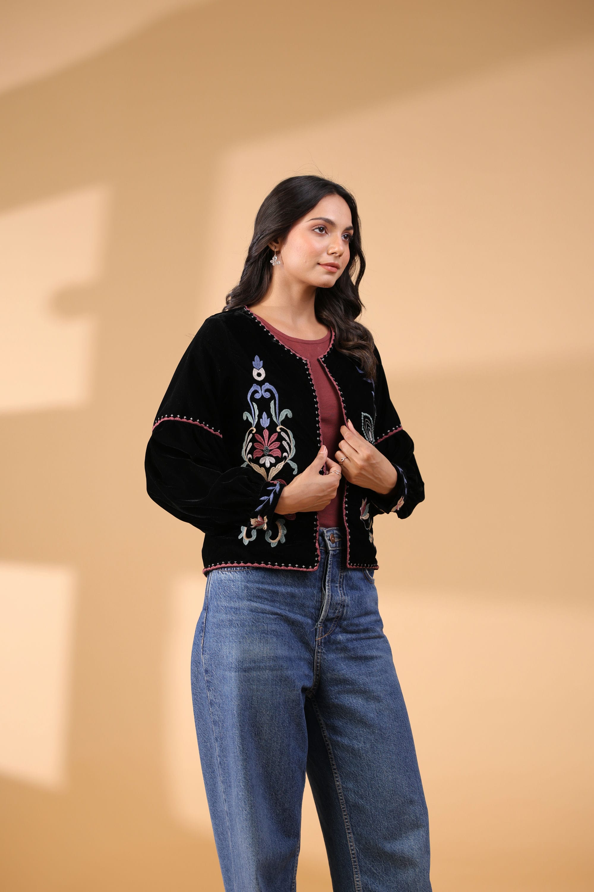 Poly Velvet Embroidered Black Jacket