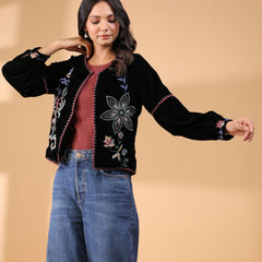 Poly Velvet Embroidered Black Jacket
