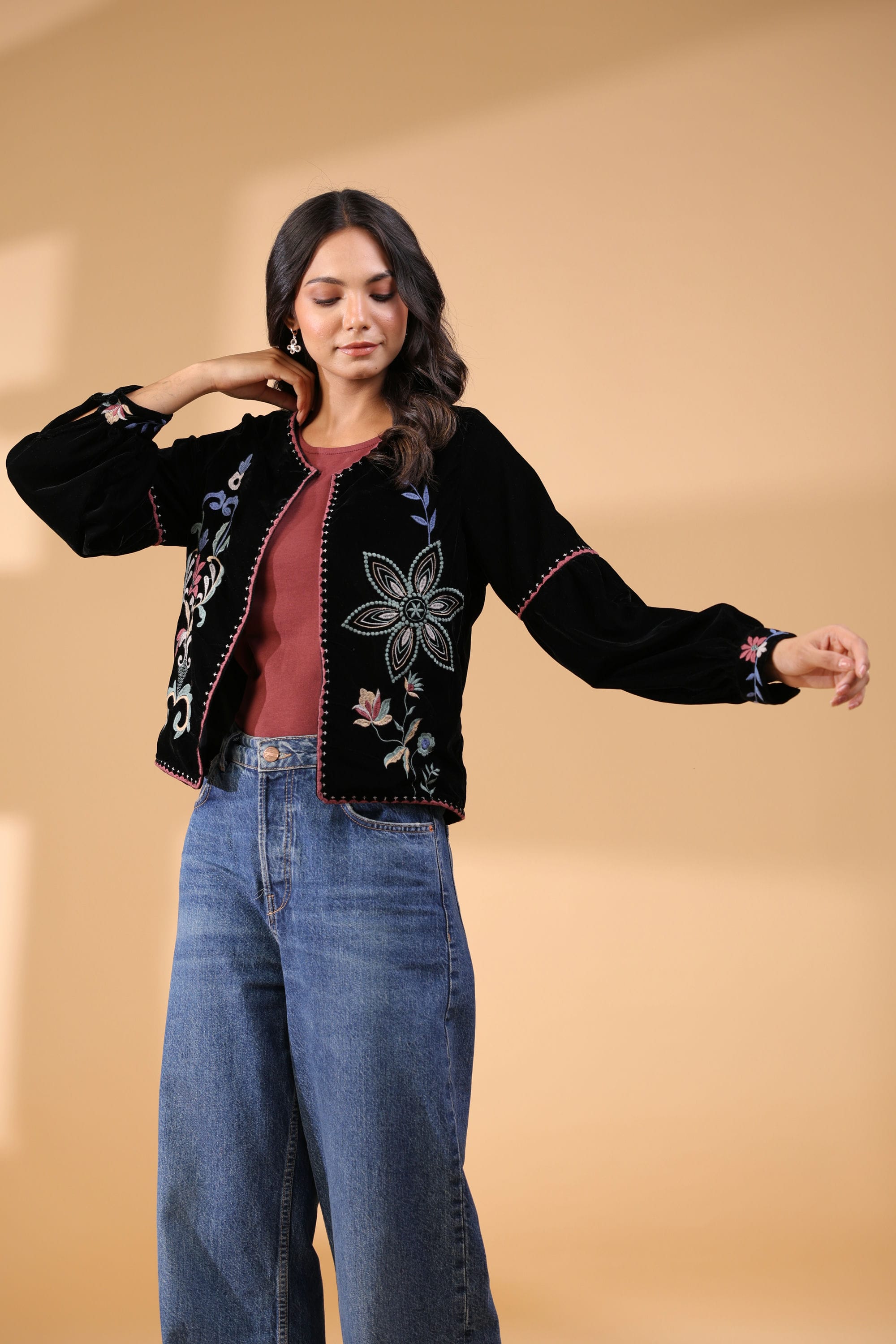 Poly Velvet Embroidered Black Jacket