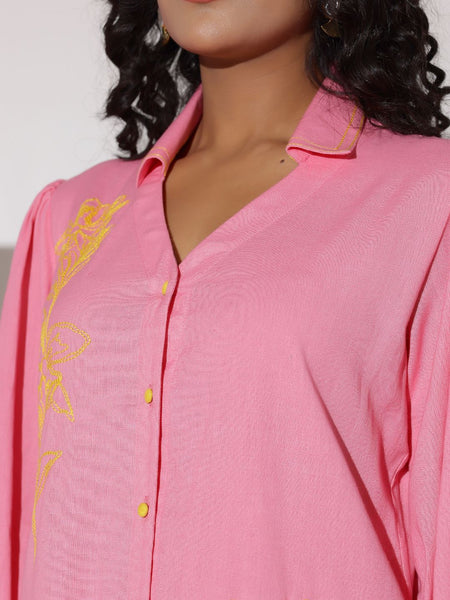 Pink Cotton Mini Shirt Dress