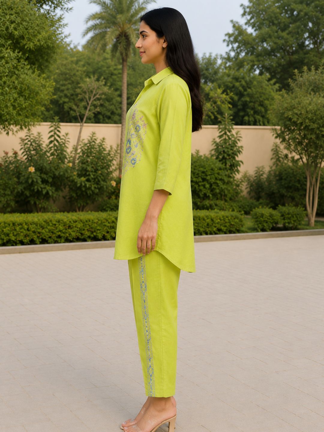 Lime Green Printed Kurta Trouser Co-Ord Set